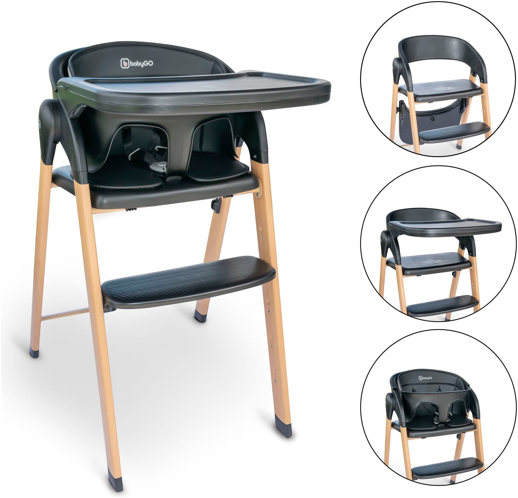 BabyGo Hochstuhl »Levels, black wood optic«, platzsparend zusammenklappbar