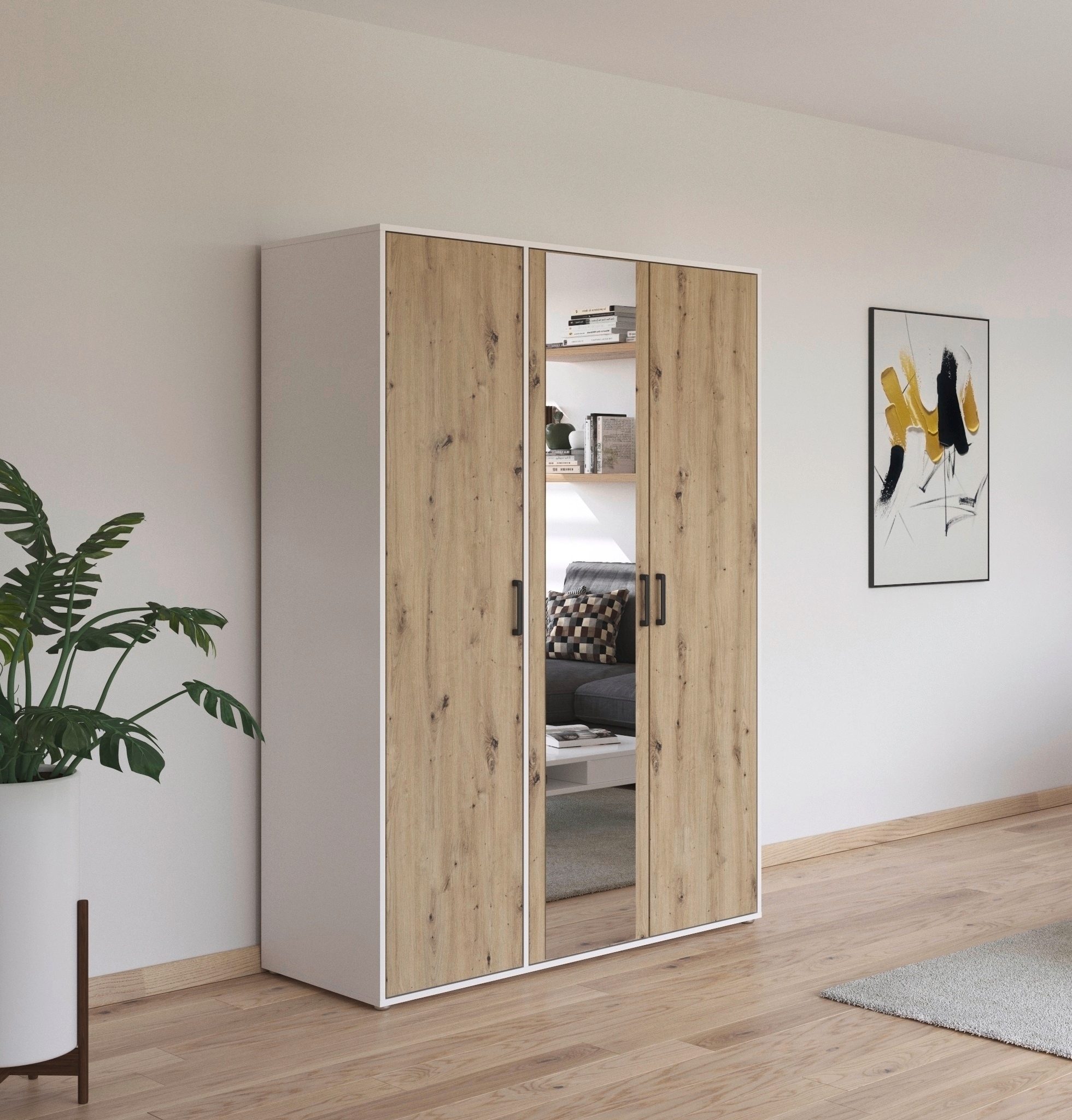 rauch Drehtürenschrank »Kleiderschrank Schrank Garderobe Wäscheschrank VOYAGER«, (in 3 verschiedenen Ausstattungen BASIC/CLASSIC/PREMIUM), mit modernen Griffen in Graumetallic und Spiegel