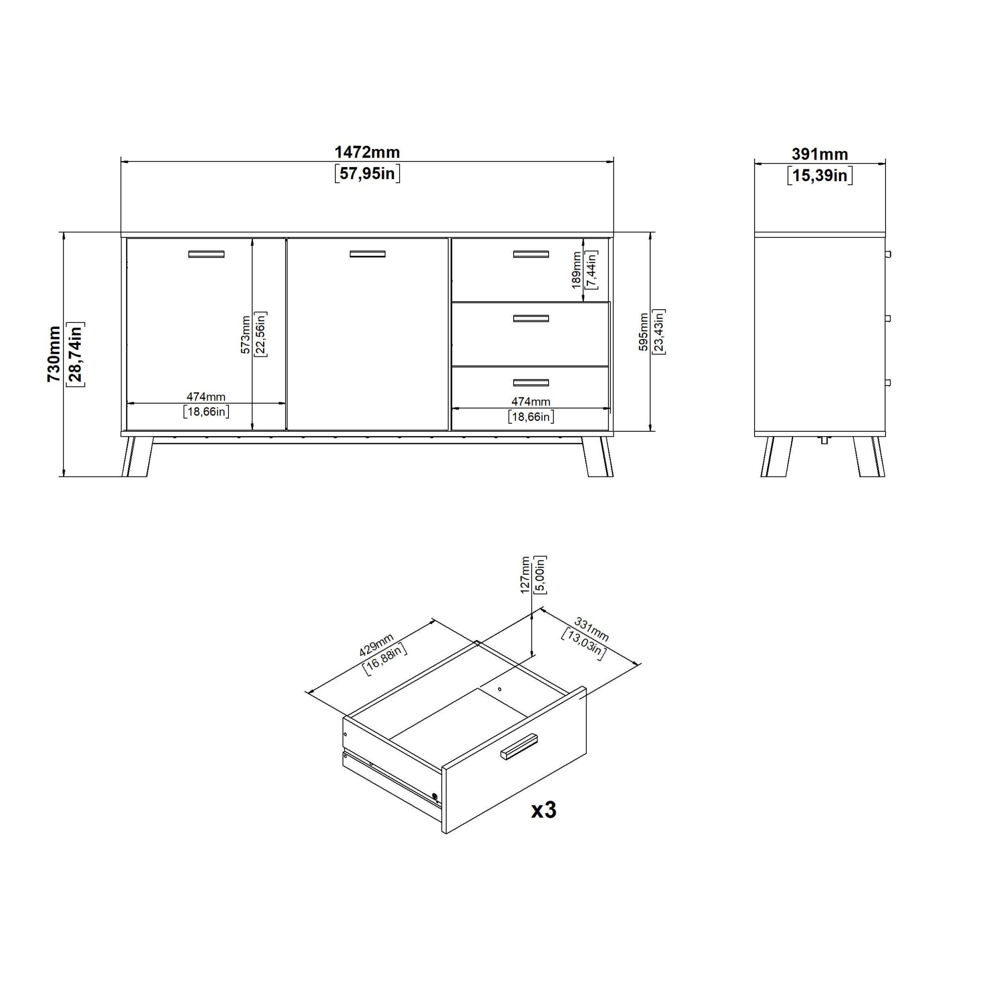 andas Sideboard »Ikast, Stauraum, Schubladenschrank, Aufbewahrung«, 2 Türen und 3 Schubladen, Breite 147 cm, Höhe 73 cm