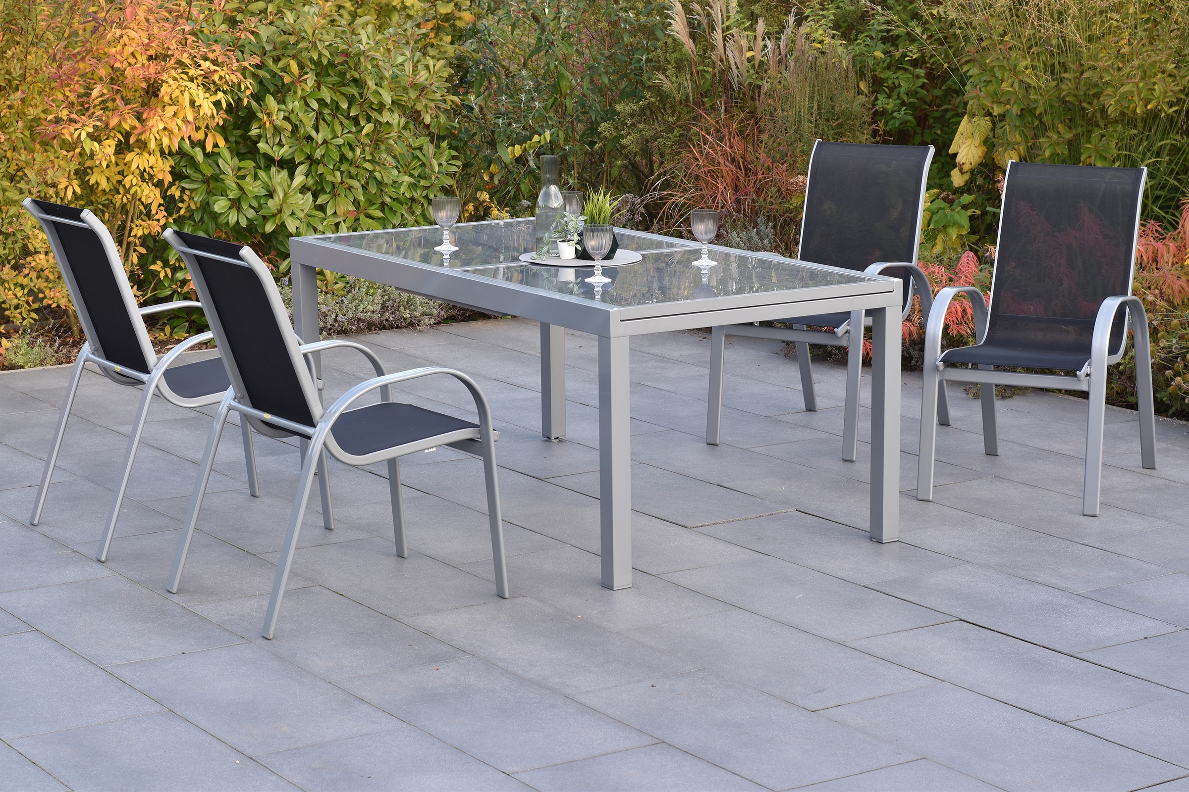 MERXX Garten-Essgruppe »Amalfi« Set, 5 tlg. inkl. 4 Stapelsessel, 1 Ausziehtisch