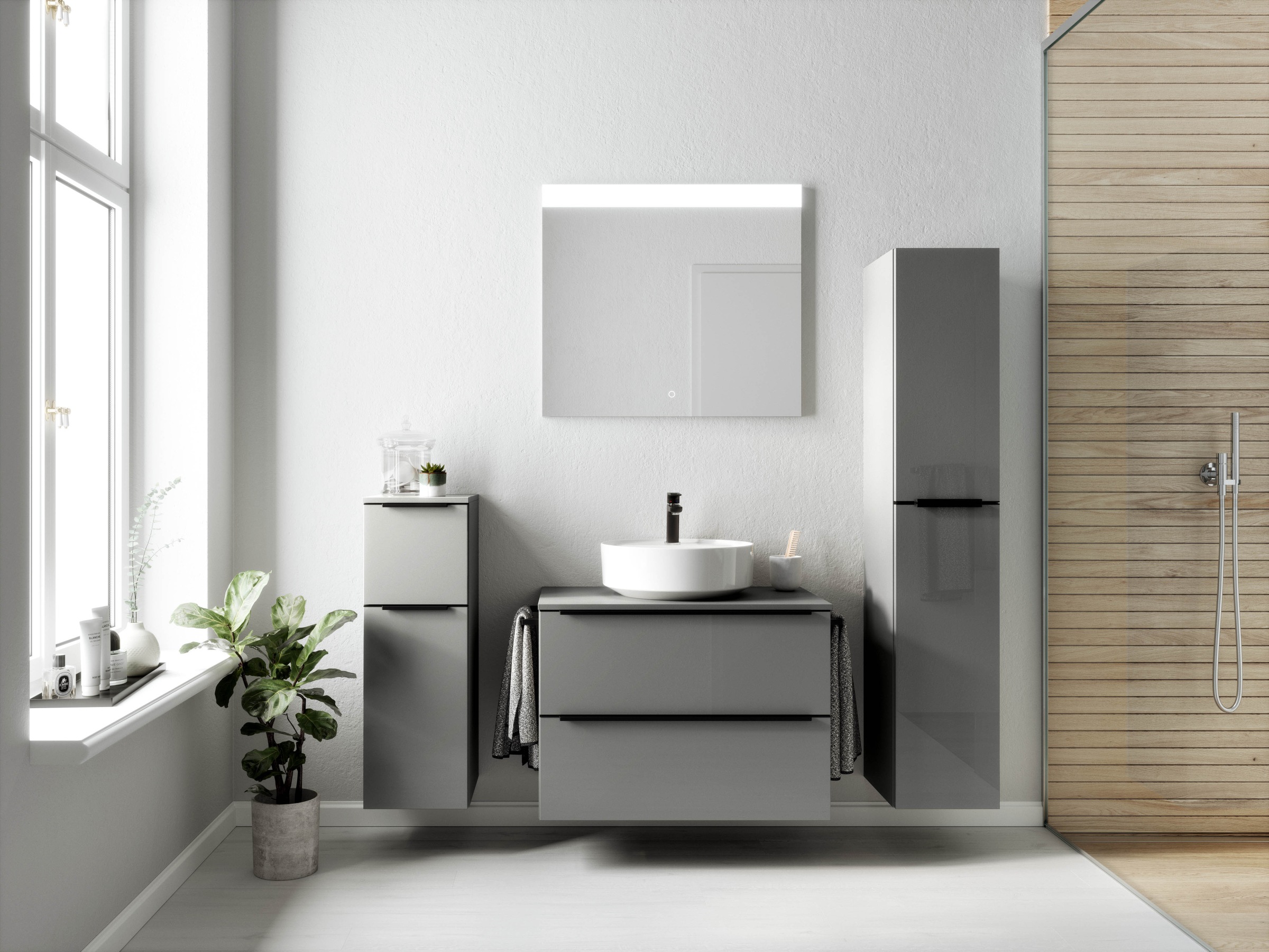 nobilia® Badmöbel-Set »Alvene«, (2 St., vormontiert, mit Soft-Close), Hochglanz, inkl. Spiegel mit Touch-Sensor, in vier Breiten