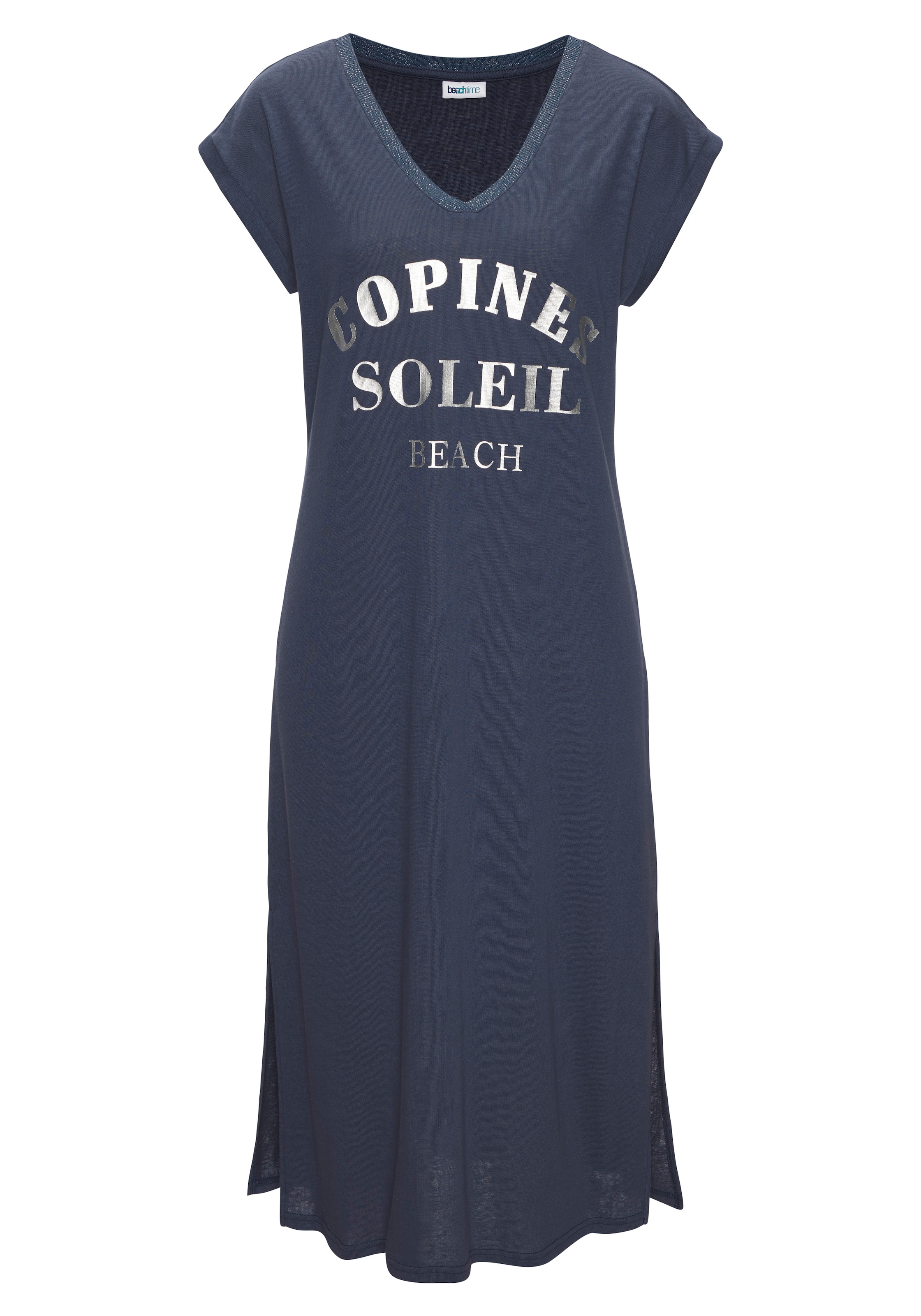 Beachtime by Lascana Strandkleid »mit glänzendem Foliendruck vorne, langes T-Shirt-Kleid« lockeres Jerseykleid, Midikleid mit Seitenschlitzen, Sommerkleid