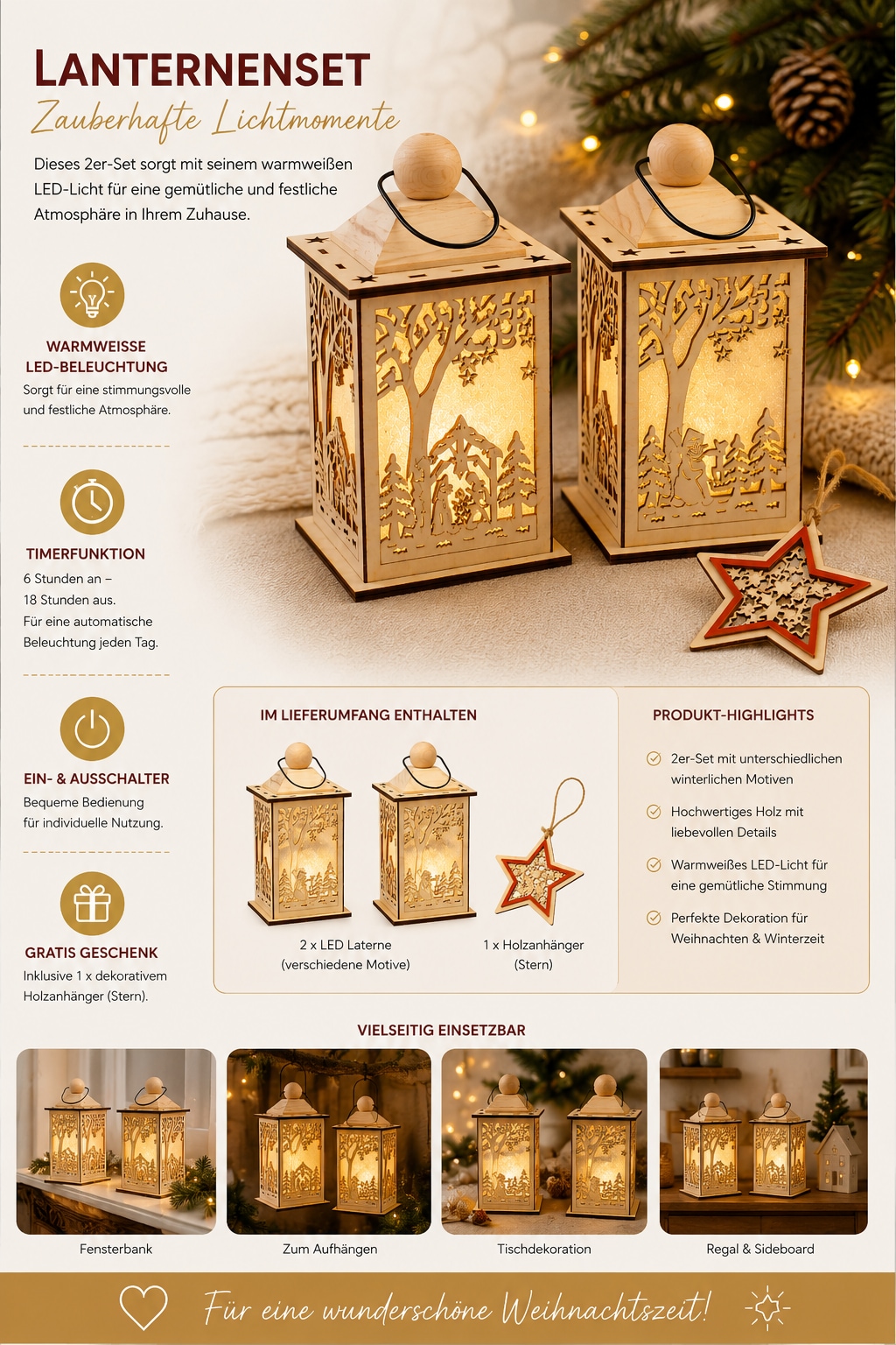 OTTO home LED Dekoobjekt »Weihnachtliche Holzdekoration, 2er-Set« 2 Stk. Warmweiß Gratis-Hänger, 6h-Timer, Höhe 22 cm