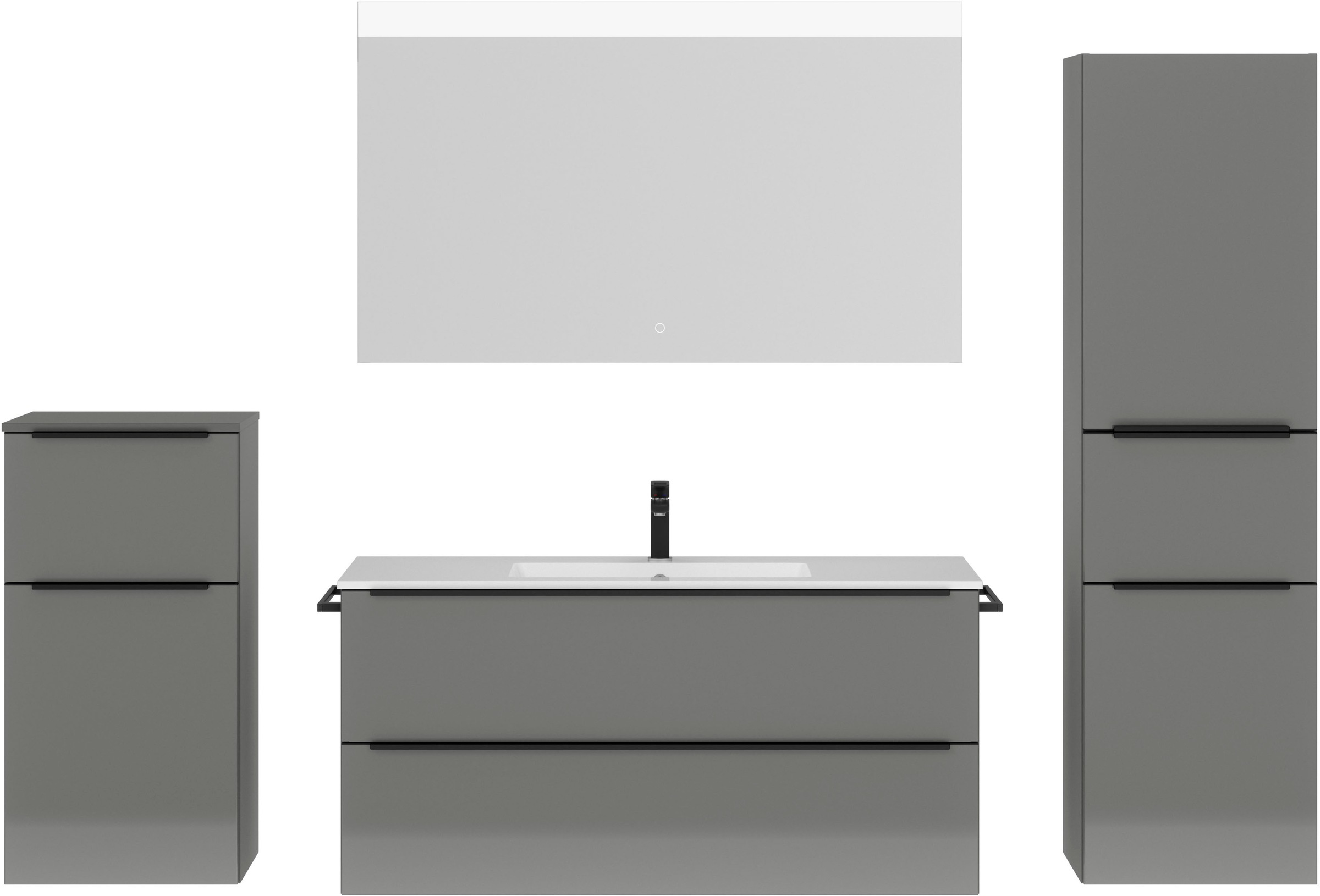 nobilia® Badmöbel-Set »Levere«, (4 St., vormontiert, mit Soft-Close), Hochglanz, inkl. Spiegel mit Touch-Sensor, in vier Breiten