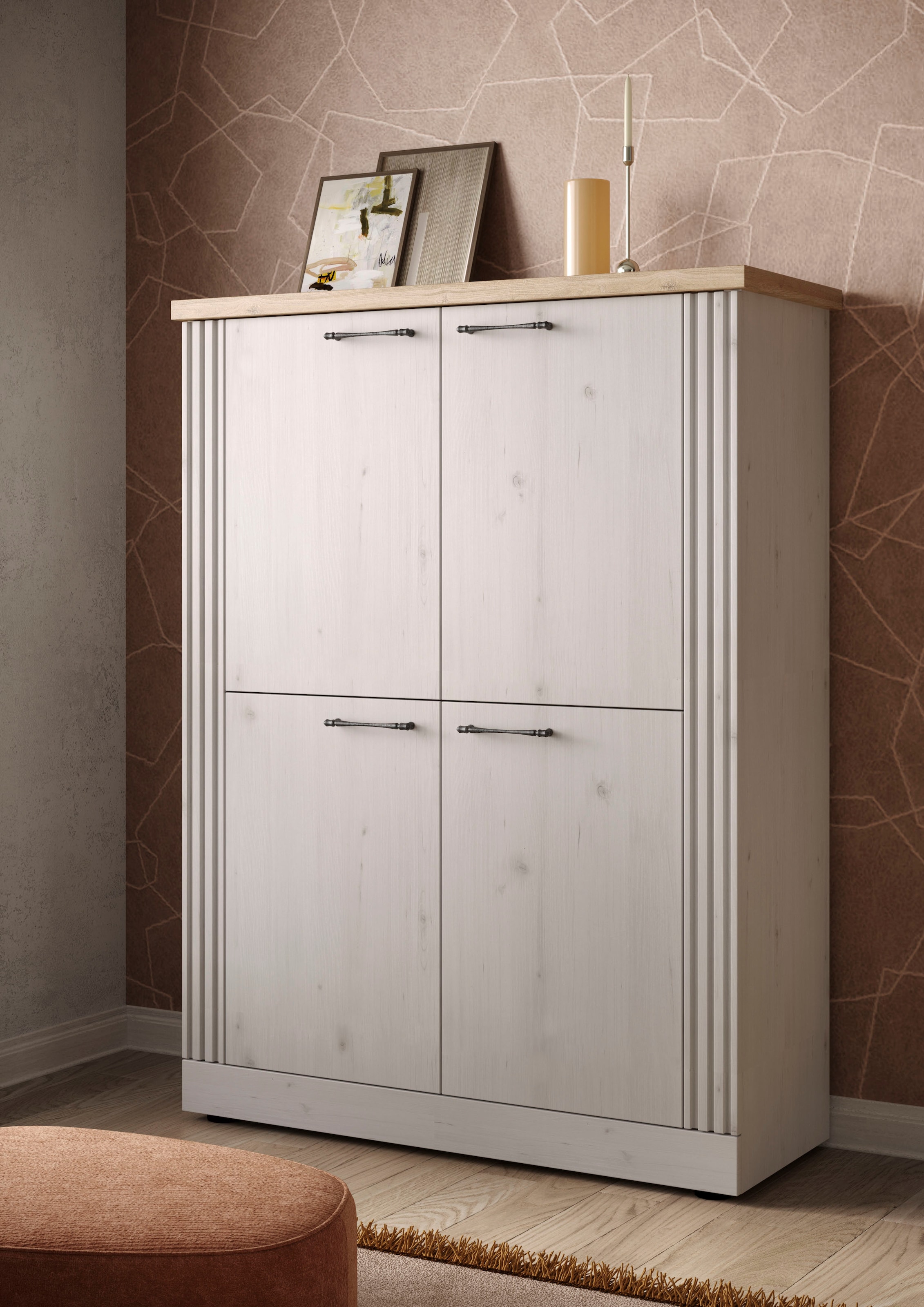 Home affaire Highboard »Country Höhe 160 cm u. Breite 118 cm, Kommode mit 4 Türen,«, Schrank im Landhausstil, viel Stauraum, mit Metallgriffe, MDF-Rahmen