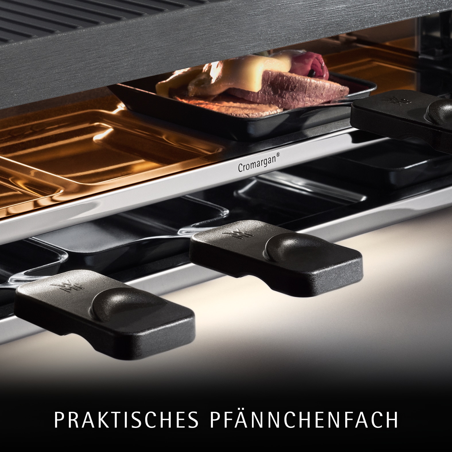 WMF Raclette »Master, indirekte LED-Beleuchtung, Keramikbeschichtung« 8 Stk. Raclettepfännchen 1.500 W Variable Temperatur, spülmaschinengeeignete Pfännchen und Spatel