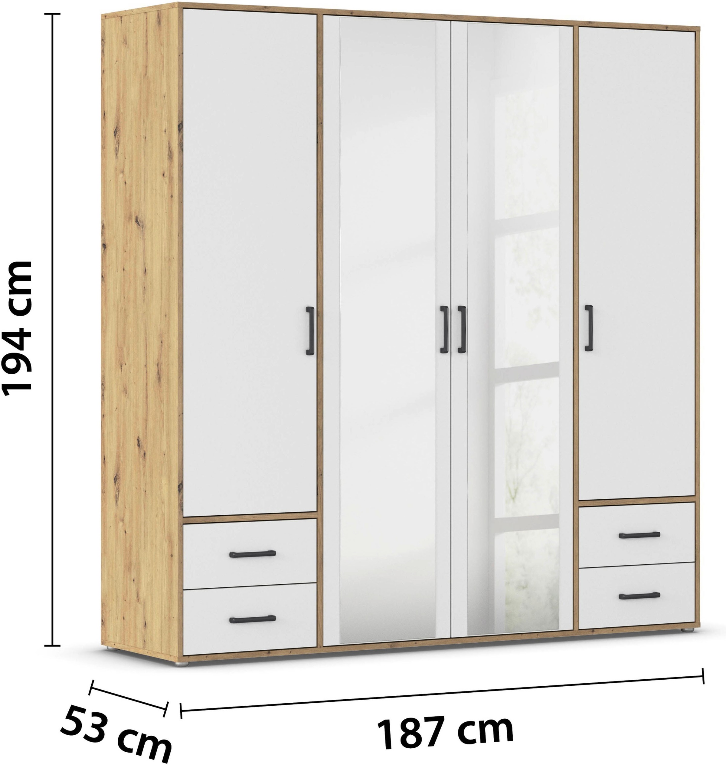 rauch Drehtürenschrank »Kleiderschrank Schrank Garderobe Wäscheschrank VOYAGER«, (in 3 verschiedenen Ausstattungen BASIC/CLASSIC/PREMIUM), mit modernen Griffen in Graumetallic, inkl. Schubkästen und Spiegel