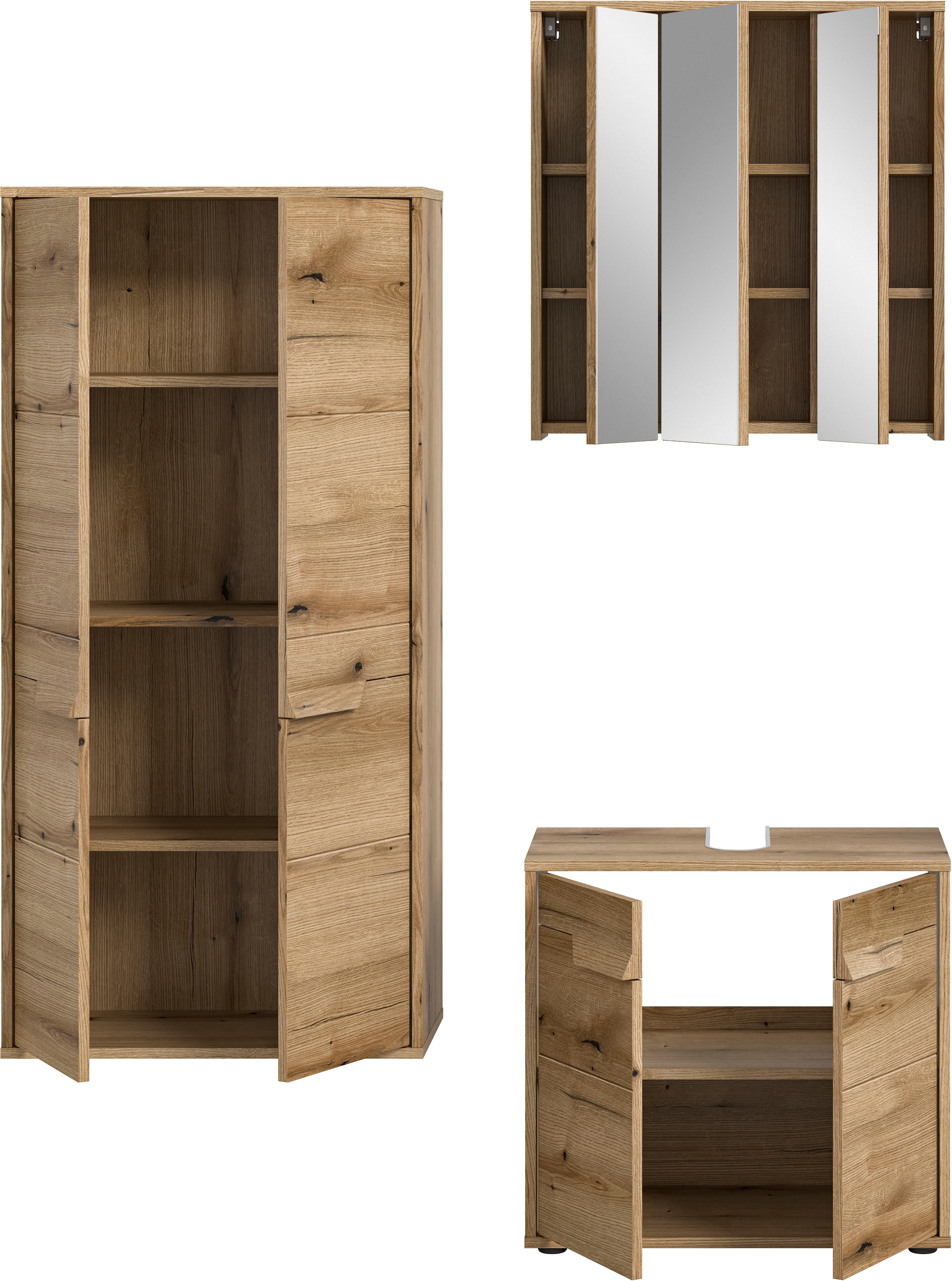 welltime Badmöbel-Set »Kayu, bestehend aus: Midischrank, Waschbeckenunterschrank,«, Spiegelschrank, hochwertige MDF Front mit Rillenfräsung, Bad, Bad Set