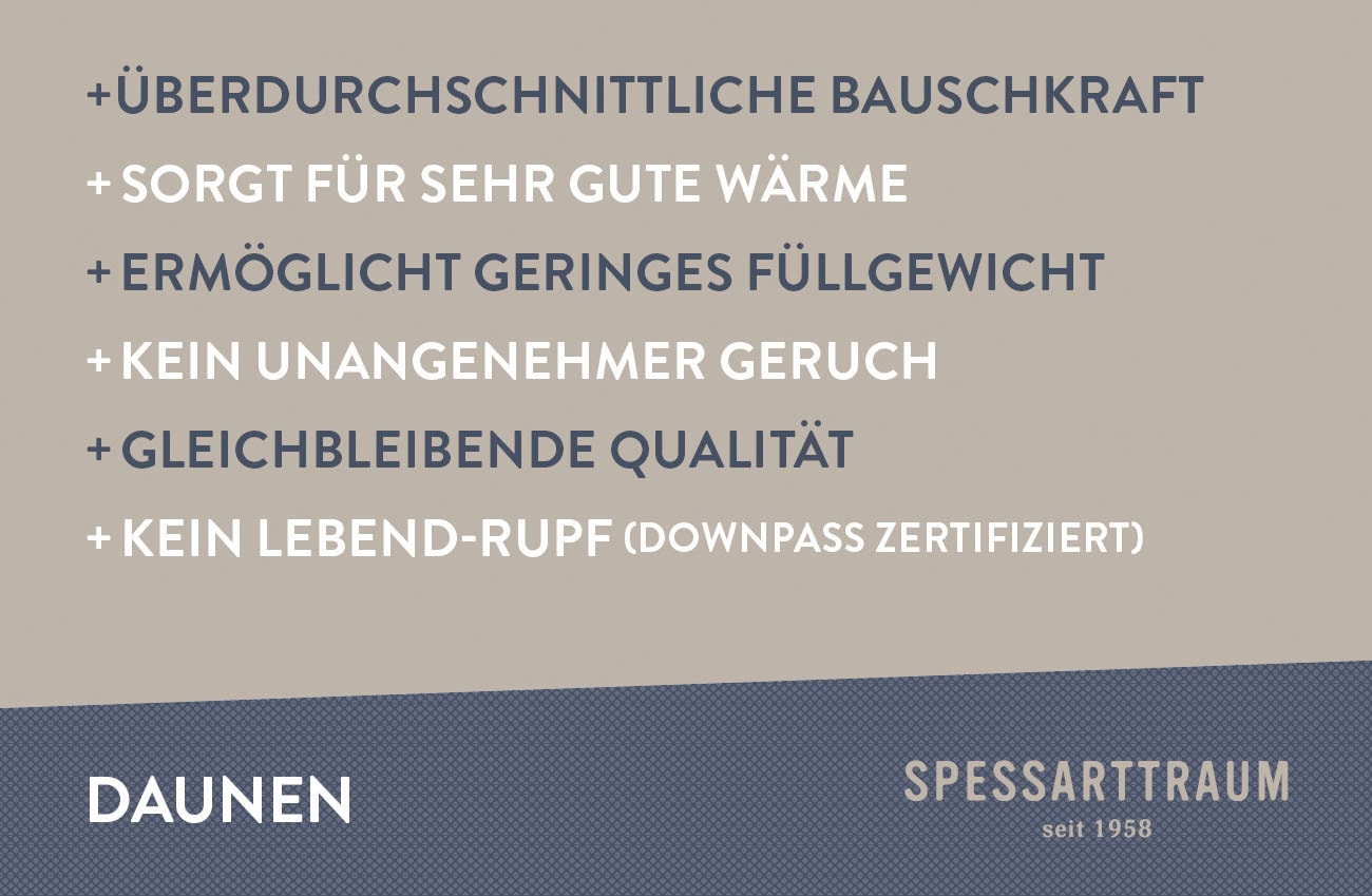 SPESSARTTRAUM Daunenbettdecke »First Class«, warm, Füllung 90% Daunen / 10% Federn, Klasse 1, Downpass zertifiziert, Bezug 100% Baumwolle, nachhaltig (Made in Green), Hausstauballergiker geeignet, (1 St.), 5 Wärmeklassen & 6 Größen, Bestseller