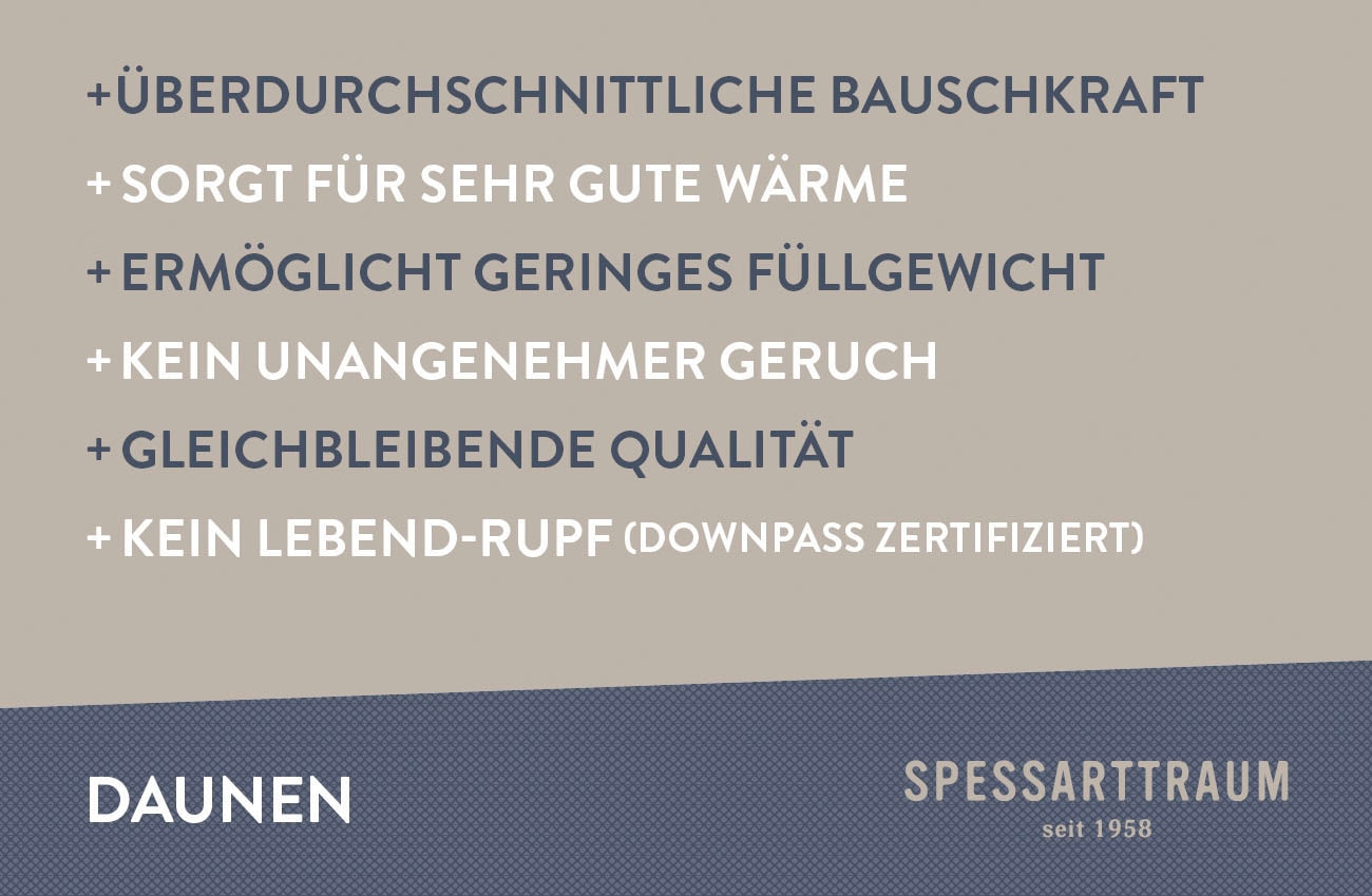 SPESSARTTRAUM Daunenbettdecke »First Class«, extrawarm, Füllung 90% Daunen / 10% Federn, Klasse 1, Downpass zertifiziert, Bezug 100% Baumwolle, nachhaltig (Made in Green), Hausstauballergiker geeignet, (1 St.), 5 Wärmeklassen & 6 Größen, Bestseller