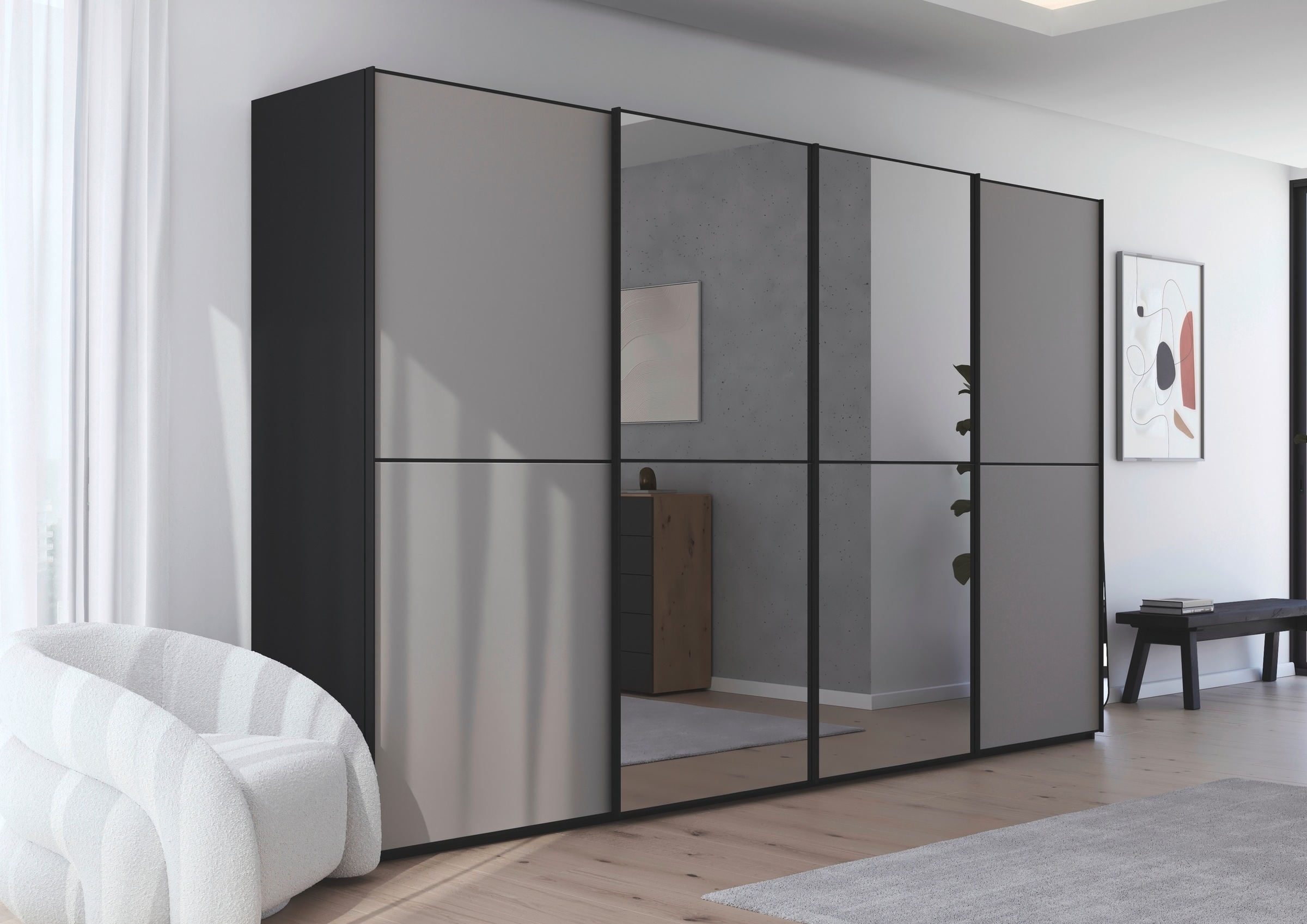rauch Schwebetürenschrank »Kleiderschrank Schrank Garderobe Schlafzimmerschrank SCALE-DUO«, edle zweigeteilte Türen Spiegel/Glas-Mix 3 Zierleisten MADE IN GERMANY