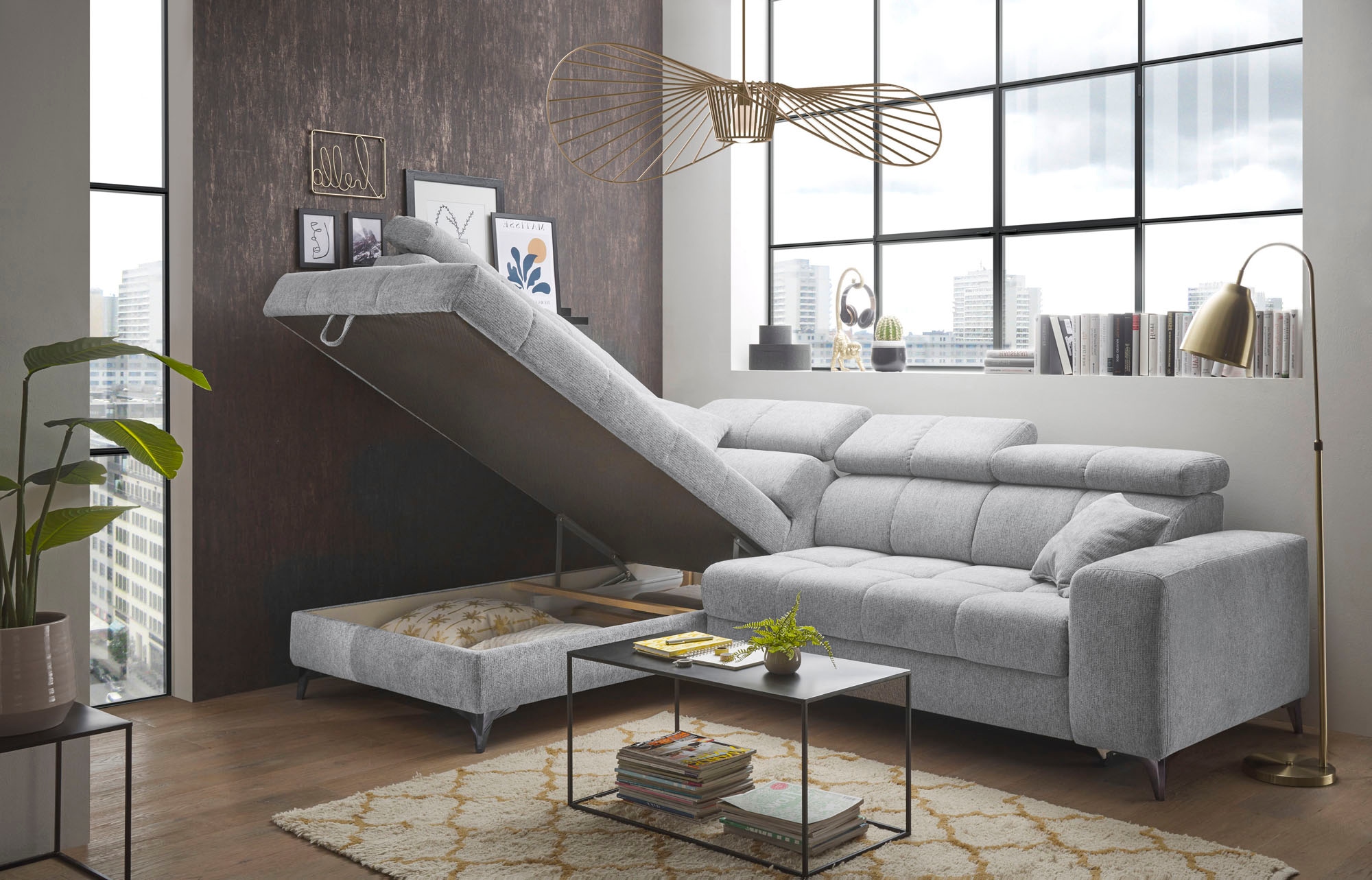 ED EXCITING DESIGN Ecksofa »Sydney L-Form mit Bettfunktion, Bettkasten, Kopfteilverstellung«, motorischer Sitztiefenverstellung, USB-Port & 2 Zierkissen