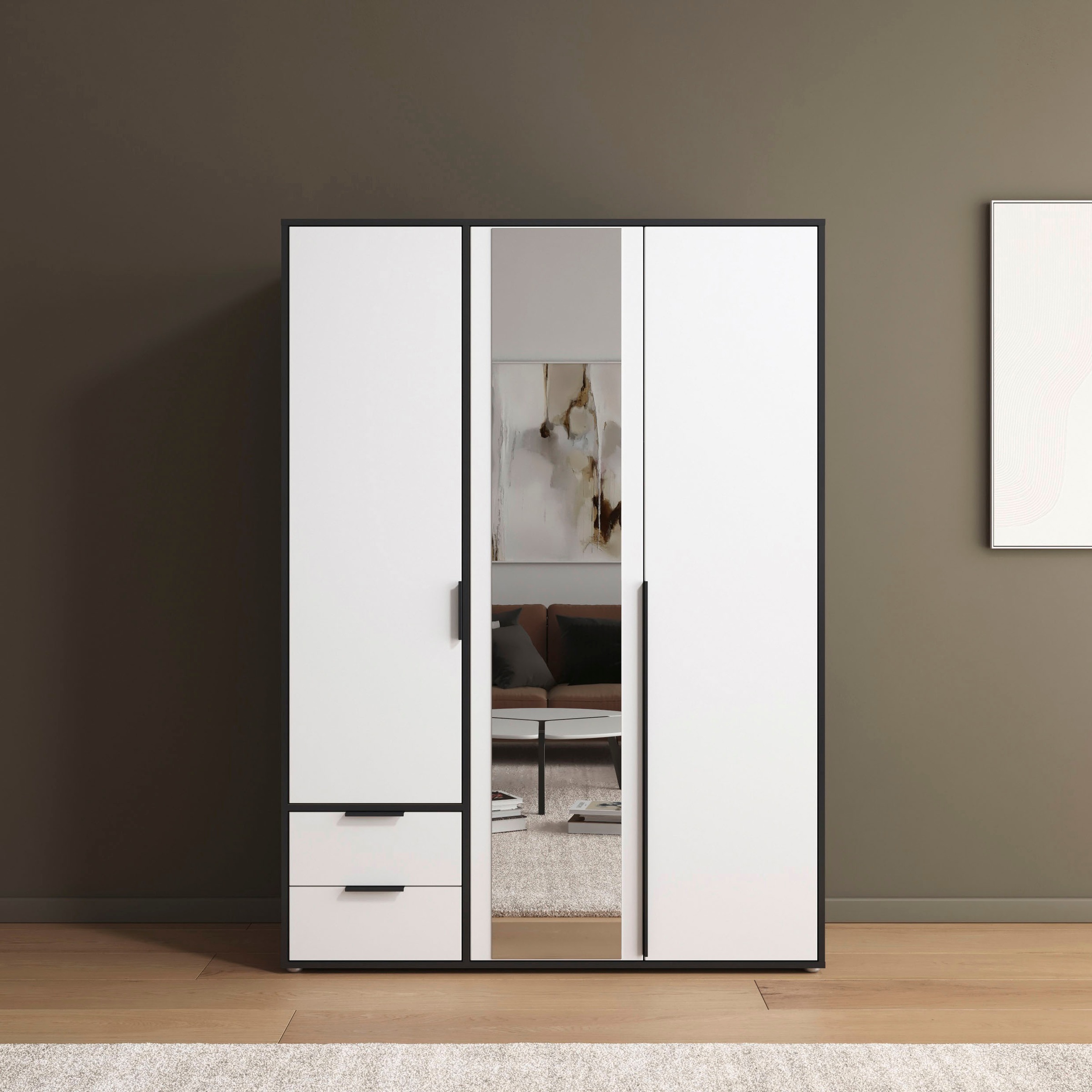 rauch Drehtürenschrank »Kleiderschrank Schrank Garderobe Wäscheschrank NAGATA mit Spiegel«, (in 3 verschiedenen Ausstattungen BASIC/CLASSIC/PREMIUM), und Schubladen sowie Stangengriffen TOPSELLER MADE IN GERMANY