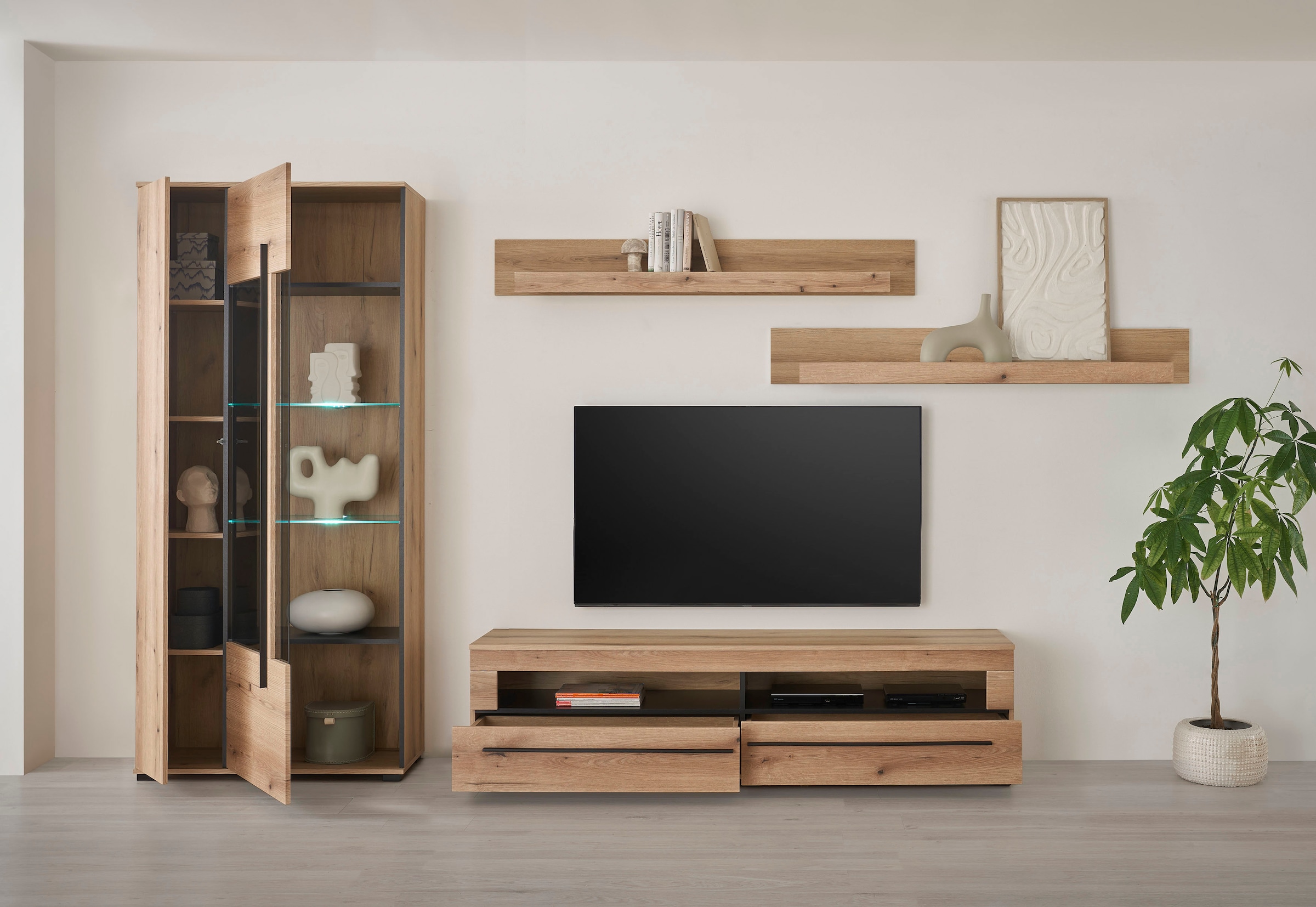 INOSIGN Wohnwand »Cantara, moderne Anbauwand, Wohnzimmer-Set, in Eiche Evoke oder Weiß«, (Set), enthält eine Vitrine, ein Lowboard und zwei Wandboards