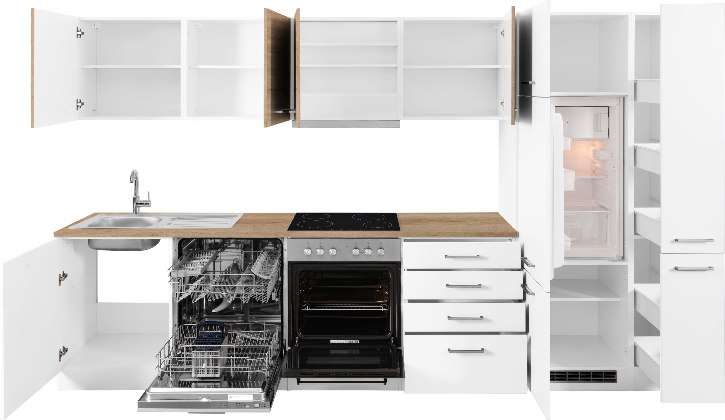 KOCHSTATION Küchenzeile »KS-Visby«, mit E-Geräten, Breite 330 cm inkl. Kühlschrank und Geschirrspüler