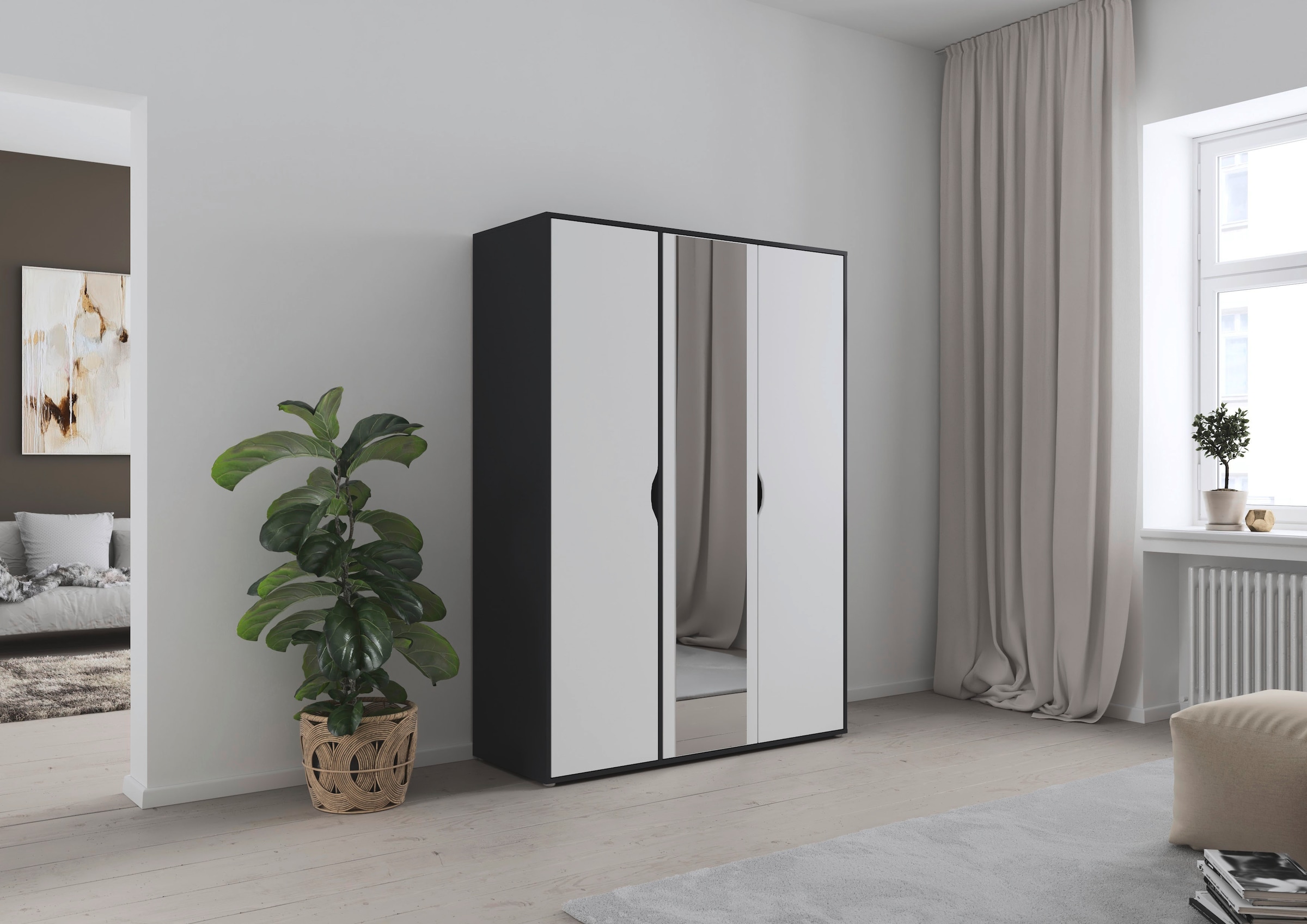 rauch Drehtürenschrank »Kleiderschrank Schrank Garderobe Wäscheschrank NARAI mit Spiegel« in 3 verschiedenen Ausstattungen BASIC/CLASSIC/PREMIUM,  Griffausfräsungen für eine grifflose Optik TOPSELLER MADE IN GERMANY