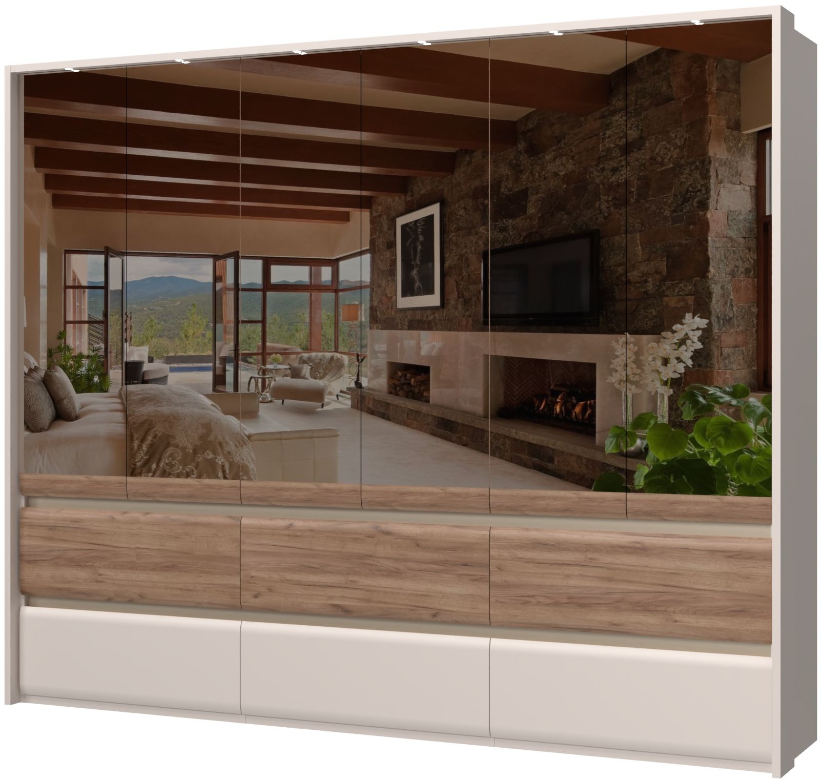 Places of Style Kleiderschrank »Invictus, UV lackiert, FSC-zertifiziert, grifflose Optik«, (abgerundete Schubladen aus MDF im Holzdekor, soft-close), mit Beleuchtung, Türen komplett verspiegelt, hoher Schrank (226cm)