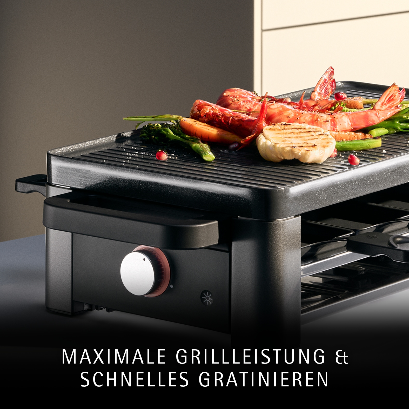 WMF Raclette »Master, indirekte LED-Beleuchtung, Keramikbeschichtung« 8 Stk. Raclettepfännchen 1.500 W Variable Temperatur, spülmaschinengeeignete Pfännchen und Spatel