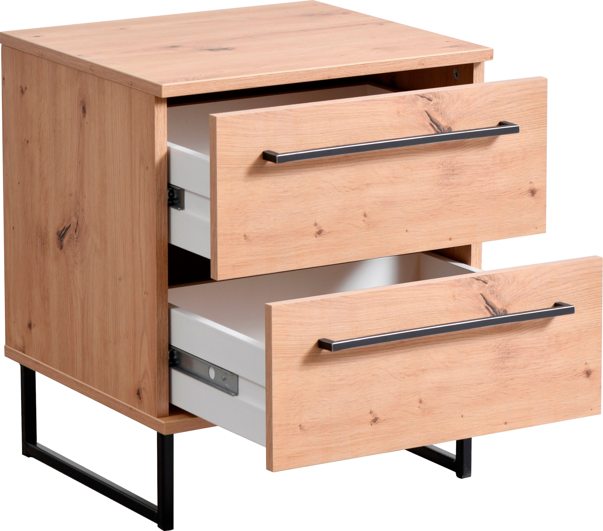 INOSIGN Nachtkommode »Sardinia, Nachtschrank, Maße (B/T/H): 45,5/35/54 cm«, (FSC-zertifizierter Holzwerkstoff), mit 2 Schubladen, Metallgriffe und Metallfüße in Kufenform