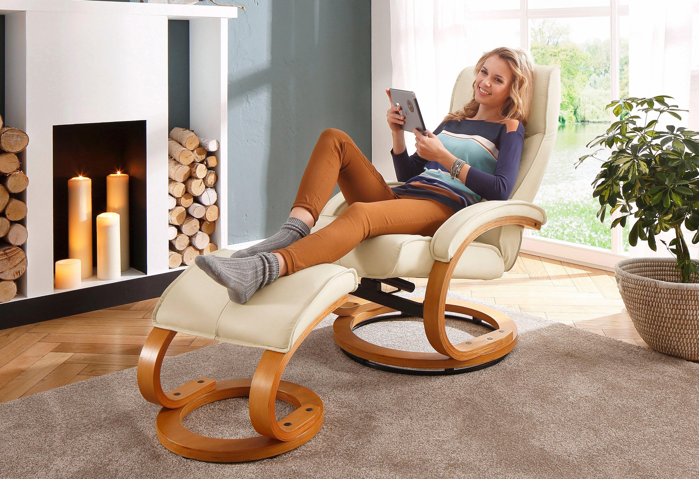 Home affaire Relaxsessel »Paris, TV-Sessel mit Hocker und manueller Liegefunktion«, (Set, 2 St., bestehend aus Sessel und Hocker), Set (Sessel und Hocker), Dreh- und Kippfunktion, NaturLEDER®