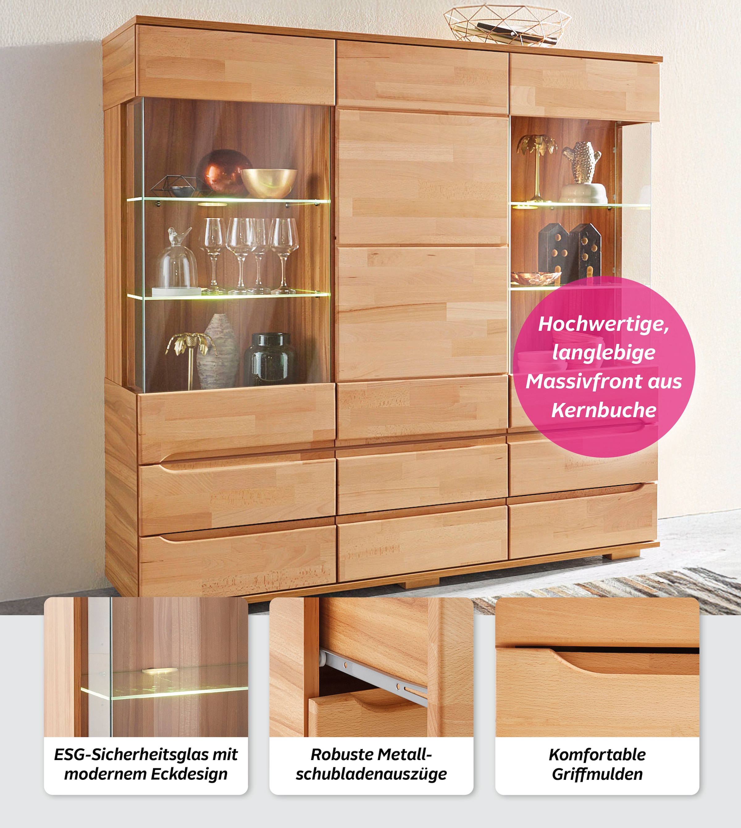 Home affaire Highboard »Vetro,150cm breit,40 cm tief,Fronten Massivholz,9 Fächer«, Kernbuche massiv, Holzwerkstoff, 3Türen,6 Schubladen, Griffmulden
