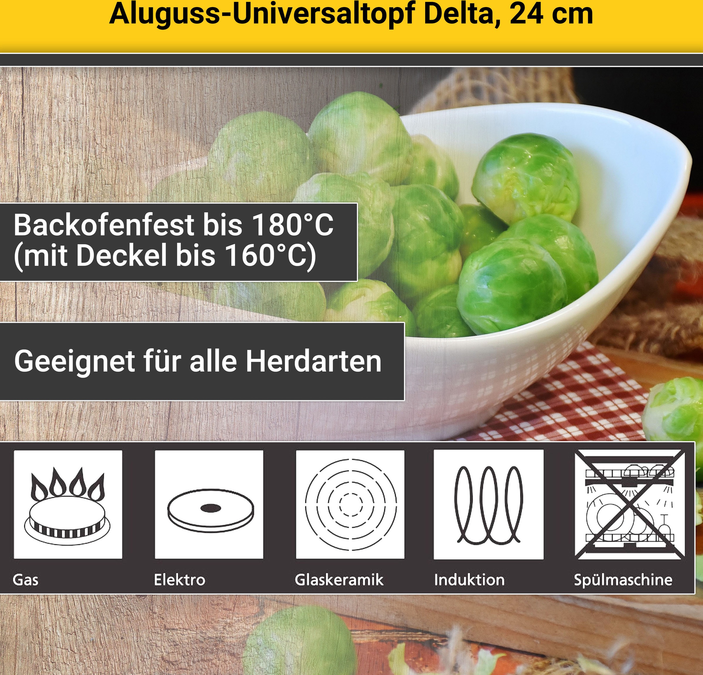 Krüger Kochtopf »Aluguss Universaltopf mit Glasdeckel DELTA, 24 cm«, Aluminiumguss, (1 tlg.), für Induktions-Kochfelder geeignet