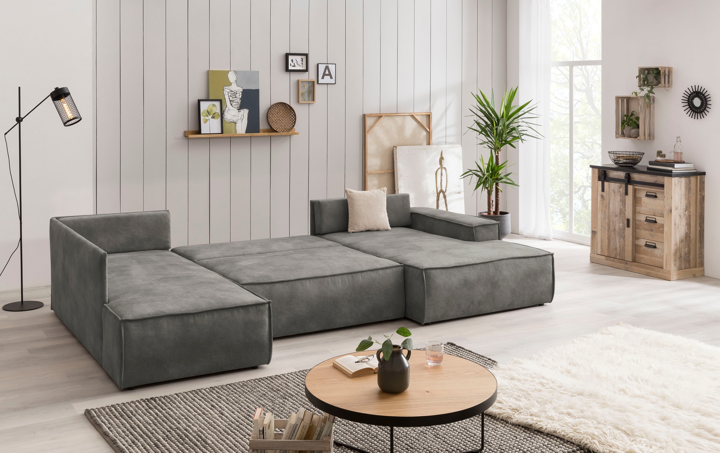 Home affaire Wohnlandschaft »SHERWOOD 329 cm, U-Form, Schlafsofa,«, Schlaffunktion m. Bettkasten (194x139 cm), Cord, Vintage, Samtvelours