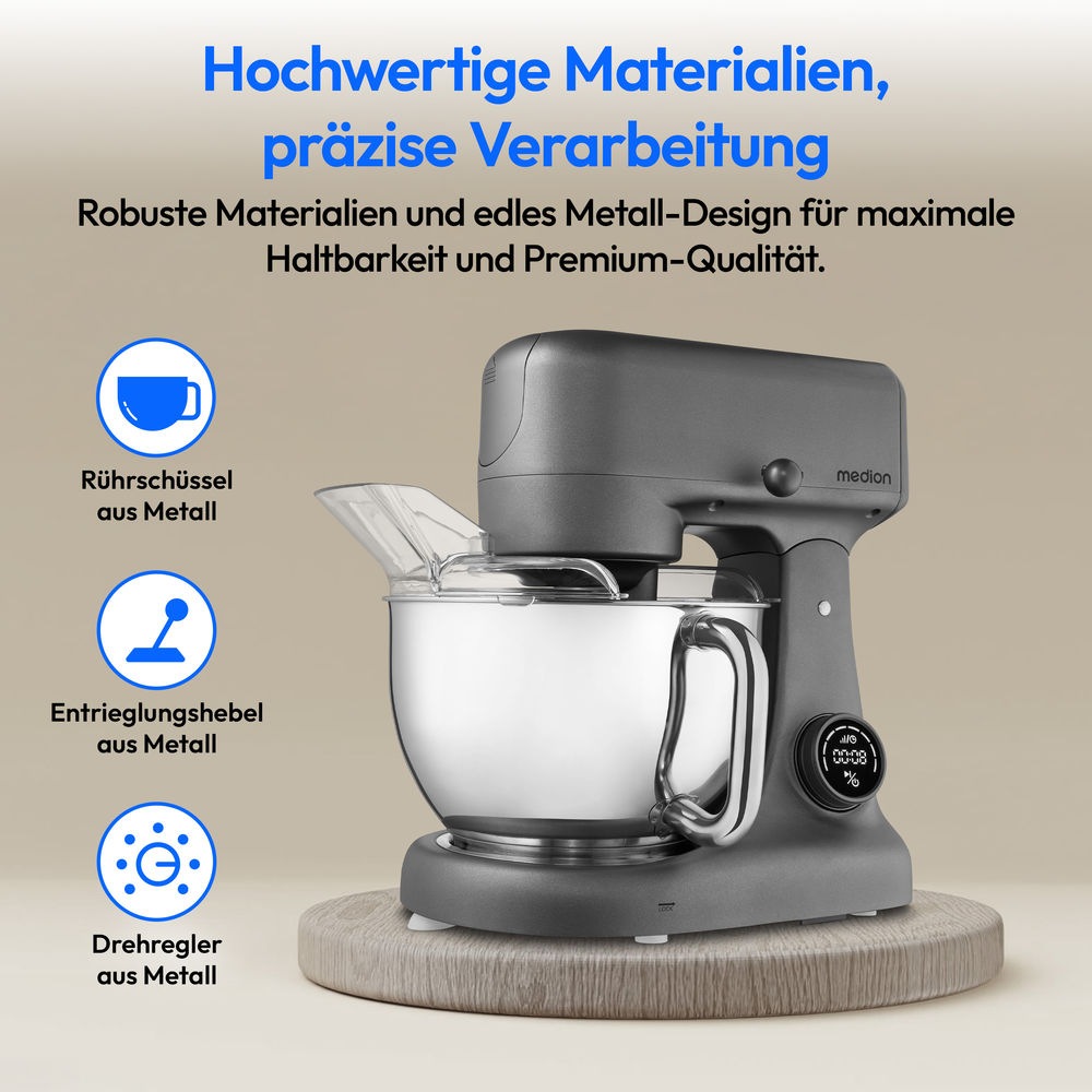 Medion® Küchenmaschine »MD 12600, 8 Geschwindigkeitsstufen, Impulsfunktion, DC-Motor, 4,6 L«, Mit umfangreichem Zubehör-Set, Fleischwolf-Aufsatz, Gemüsereibe