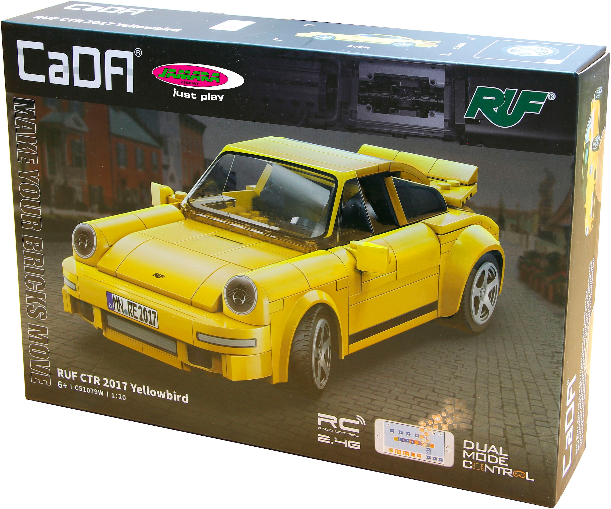 Jamara RC-Auto »CaDA, RUF CTR 2017 Yellowbird 1:20 gelb 2,4GHz Bricks«, (222 tlg.)