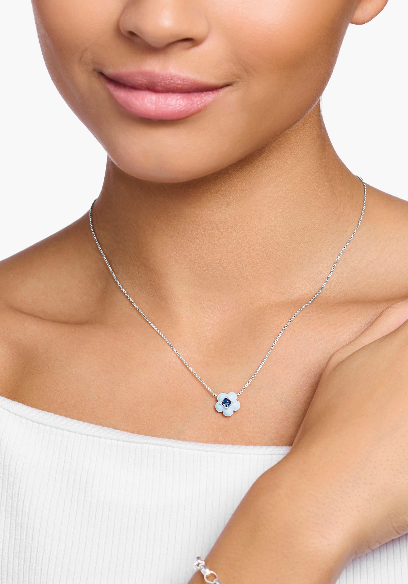 THOMAS SABO Kette mit Anhänger »Blume mit blauem Stein, KE2185-496-1-L45V«, mit Glas-Keramik Stein