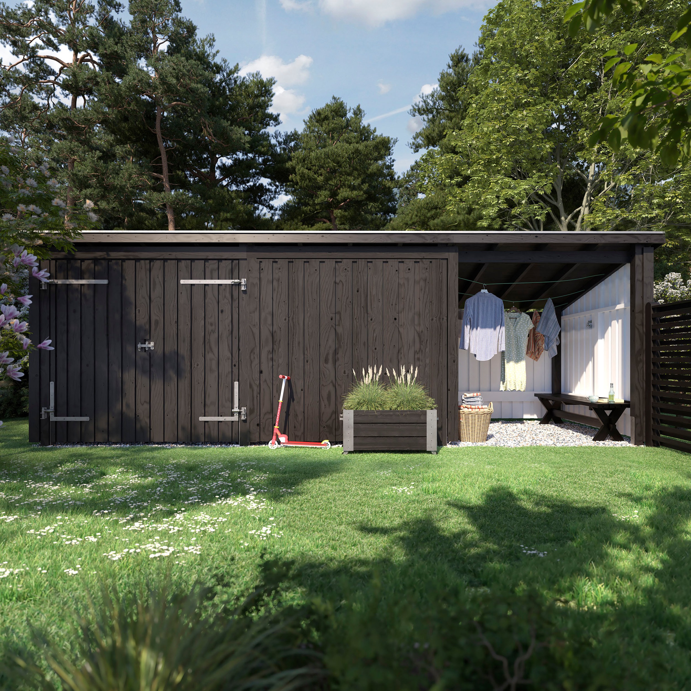 PLUS Gartenhaus »Multi«, (Packung), Gartenhaus 14 m², Doppeltür und Wand, Dachpappe/Aluleisten/H-Füße