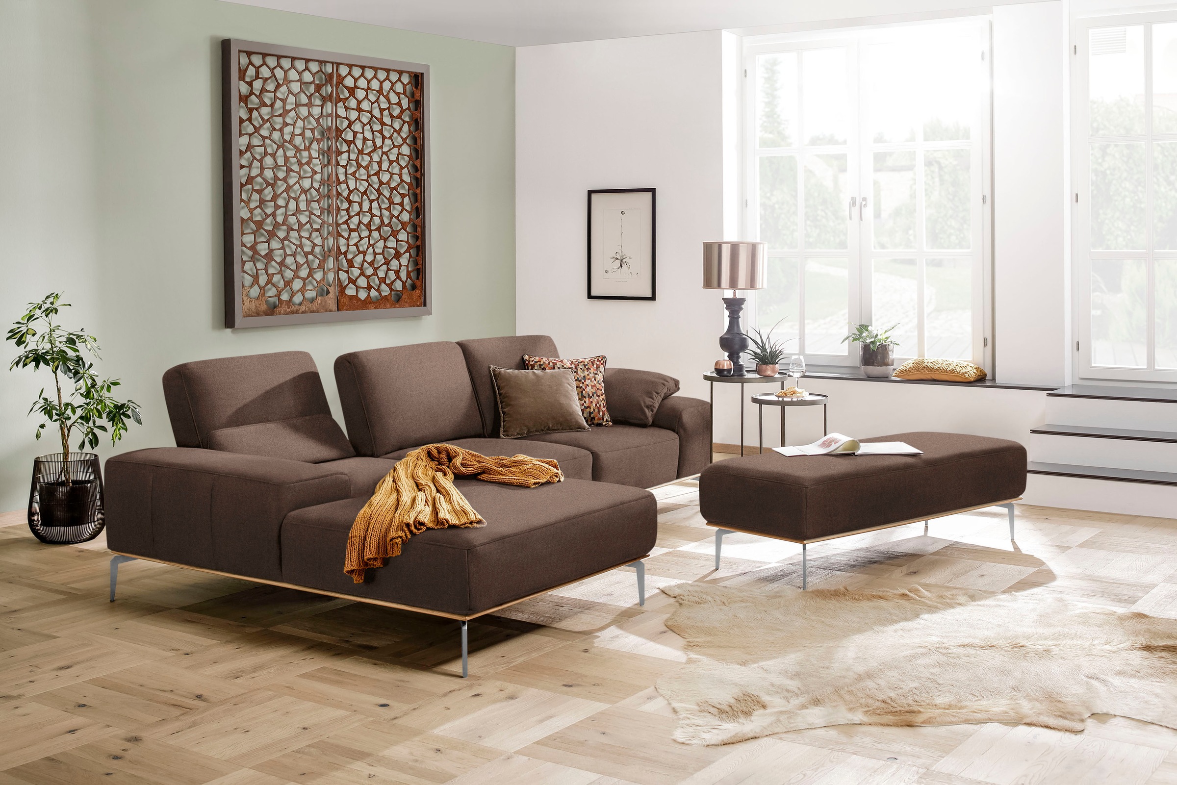 W.SCHILLIG Polsterhocker »run«, mit elegantem Holzsockel, Füße in Chrom glänzend, Breite 150 cm