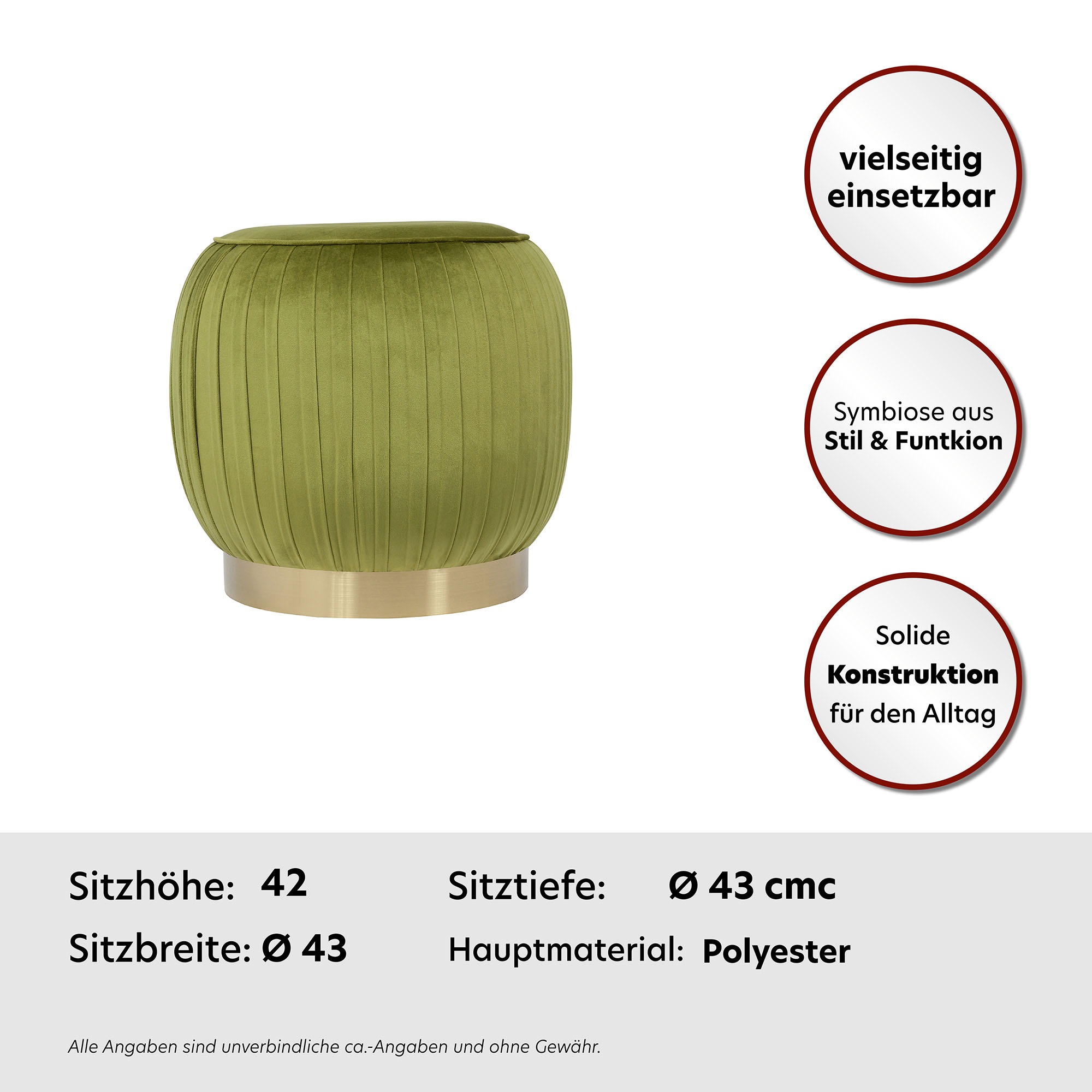 Kayoom Sitzhocker »Hocker Lilje, Edler Touch durch goldenen Sockel,Hochwertiger Samtbezug«, (1 St.), samtweich, gesteppte Ziernaht, Edelstahlsockel, Hochwertiger Samtbezug