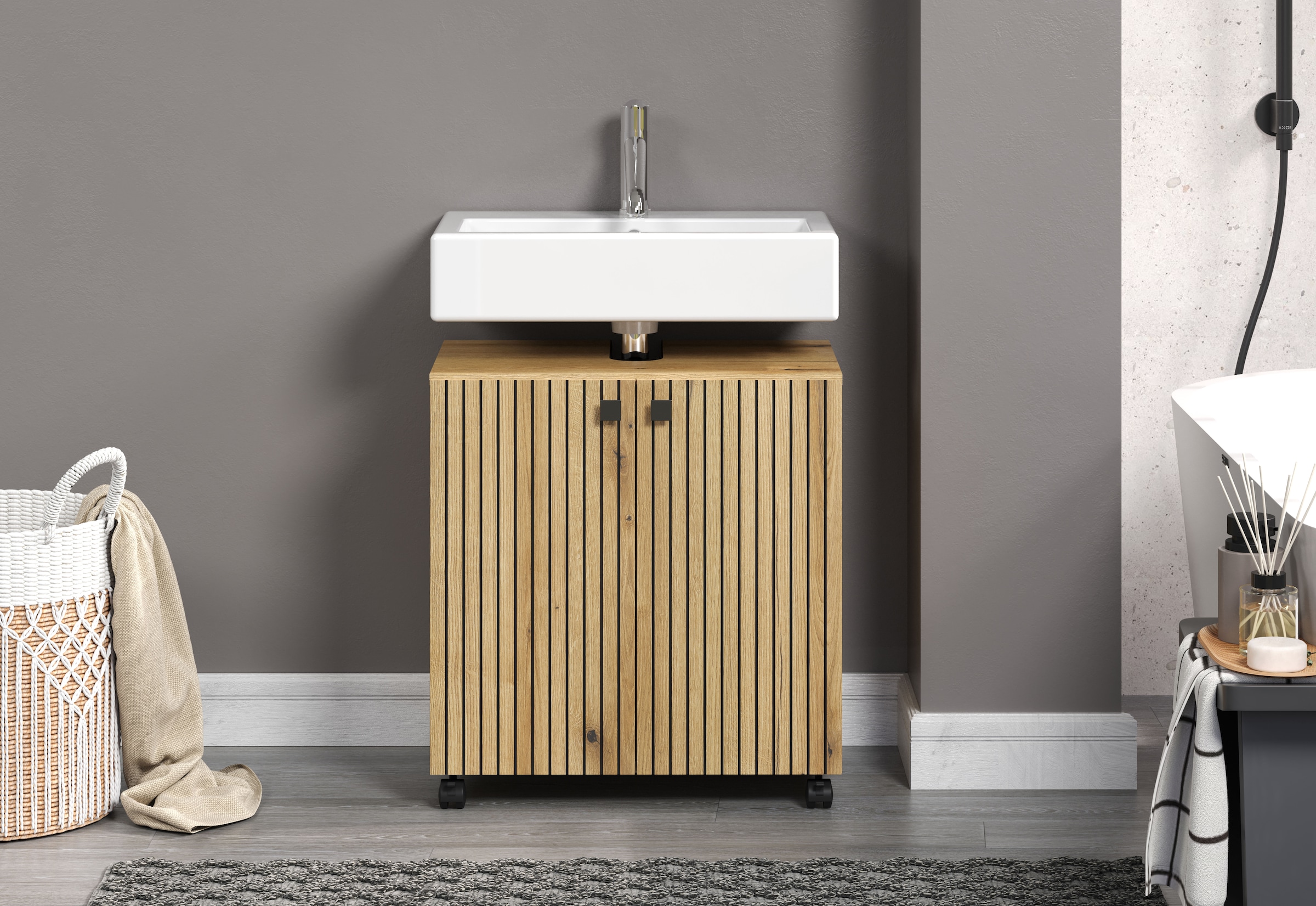 welltime Waschbeckenunterschrank »Amrum«, (1 St.), BxHxT 80 x 64 x 42cm Waschbeckenunterschrank Eiche Rillenoptik