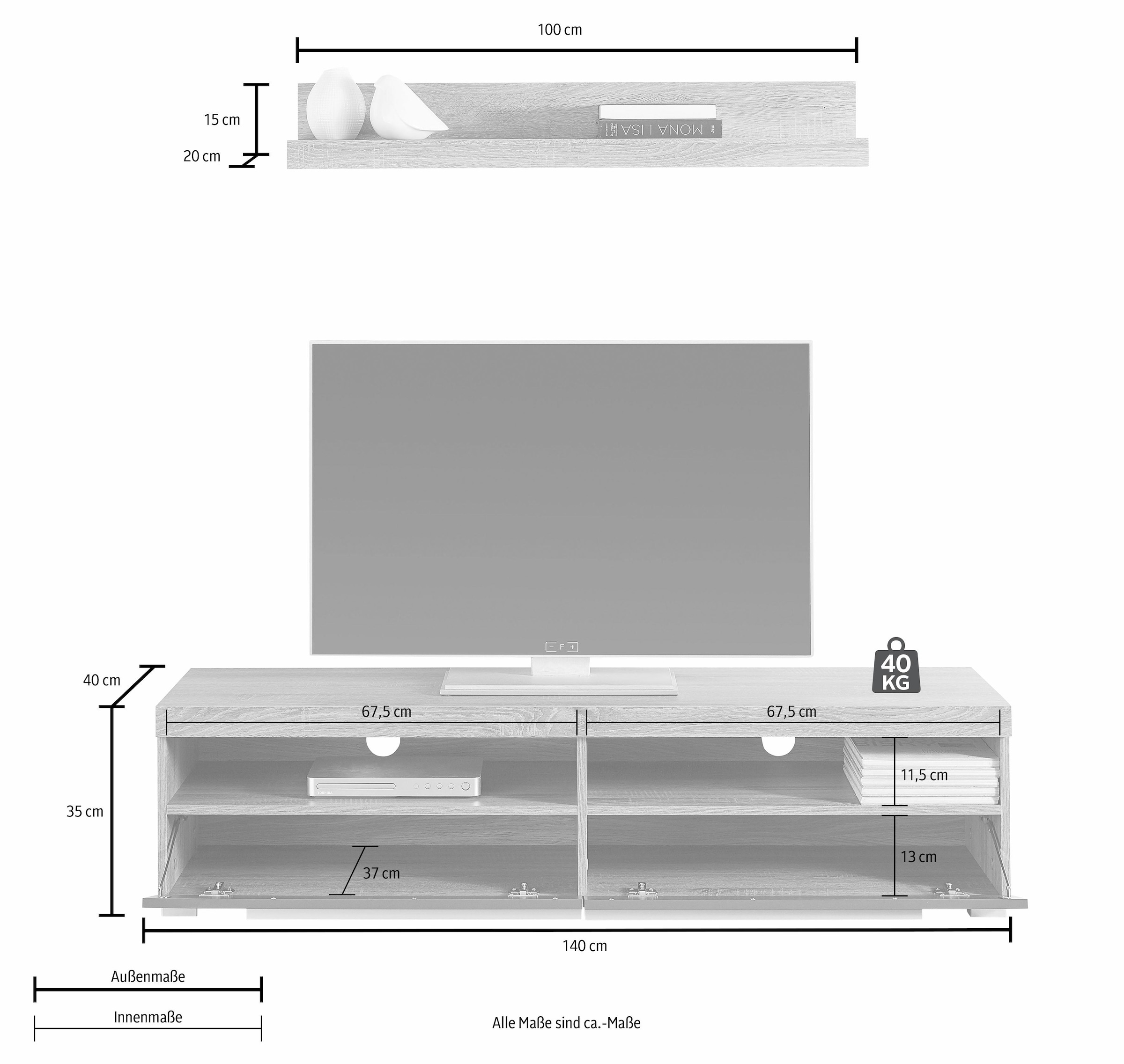 INOSIGN Lowboard »Roger,Breite 140 cm, stilvolle TV-Kommode, inclusive Wandboard«, TV-Schrank mit viel Stauraum, TV-Board, 2 Klappen