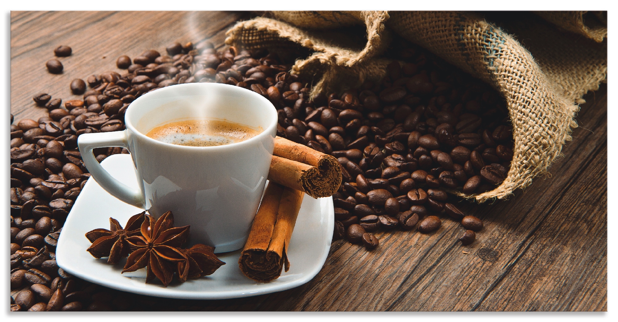 Artland Küchenrückwand »Kaffeetasse Leinensack mit Kaffeebohnen«, (1 tlg.), Alu Spritzschutz mit Klebeband, einfache Montage