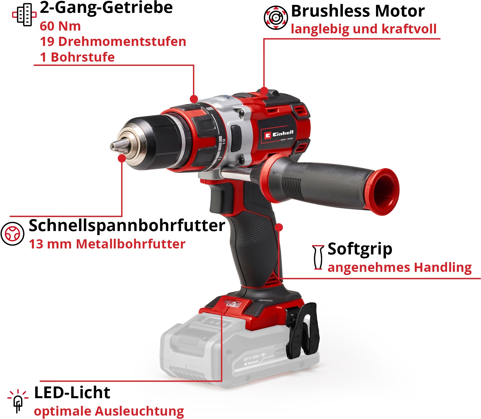 Einhell Akku-Bohrschrauber »TE-CD 18 Li Brushless - Solo«, Power X-Change, ohne Akku und Ladegerät