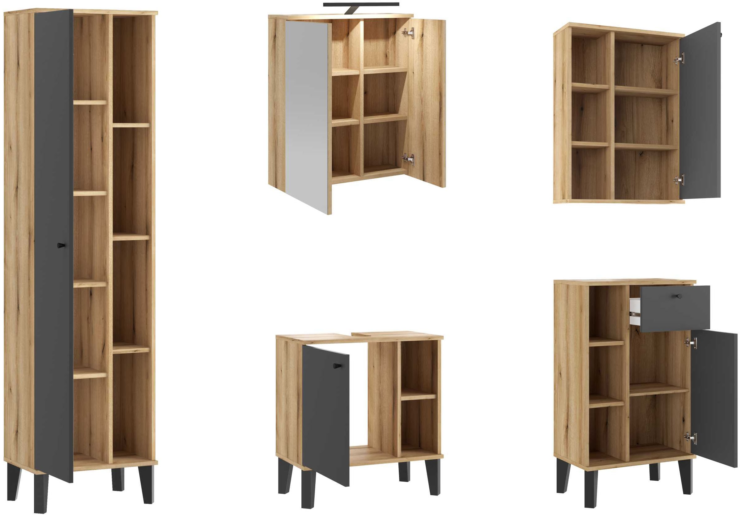 INOSIGN Badmöbel-Set »OSLO, Bad im skandinavischen Design, 5-teiliges Badezimmer«, (Set, 5 St.), Badschränke und Spiegel, in zwei Farben verfügbar, viel Stauraum