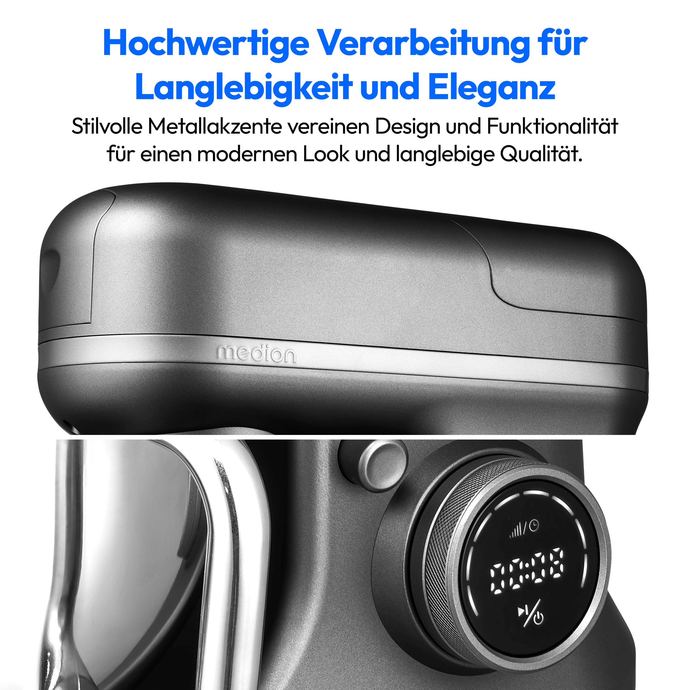 Medion® Küchenmaschine »MD 18430, 8 Geschwindigkeitsstufen, Impulsfunktion, 5L Rührschüssel«, Mit umfangreichem Zubehör-Set, Mixeraufsatz, Fleischwolf-Aufsatz