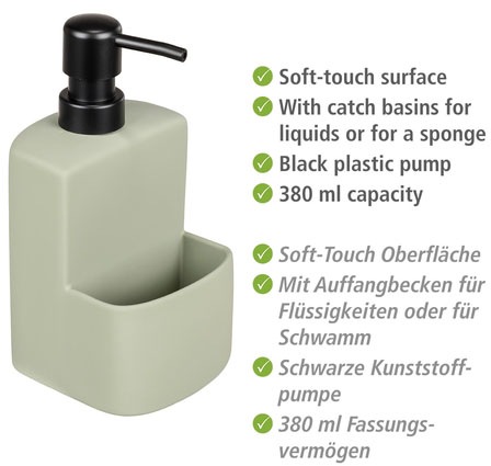 WENKO Spülmittelspender »Modell Festival«, aus Keramik, Soft-Touch Beschichtung, mit Spülschwamm-Fach, 380 ml