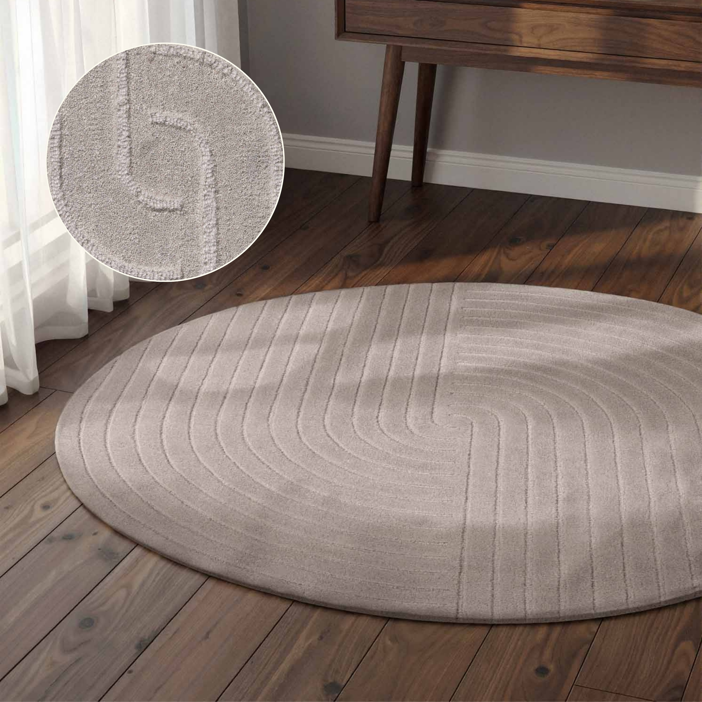 vikosa Wollteppich »Arcura« rund 15 mm Höhe Wolle Handgemacht, Hoch-Tief-Effekt, Geometrisches Linien Wellendesign