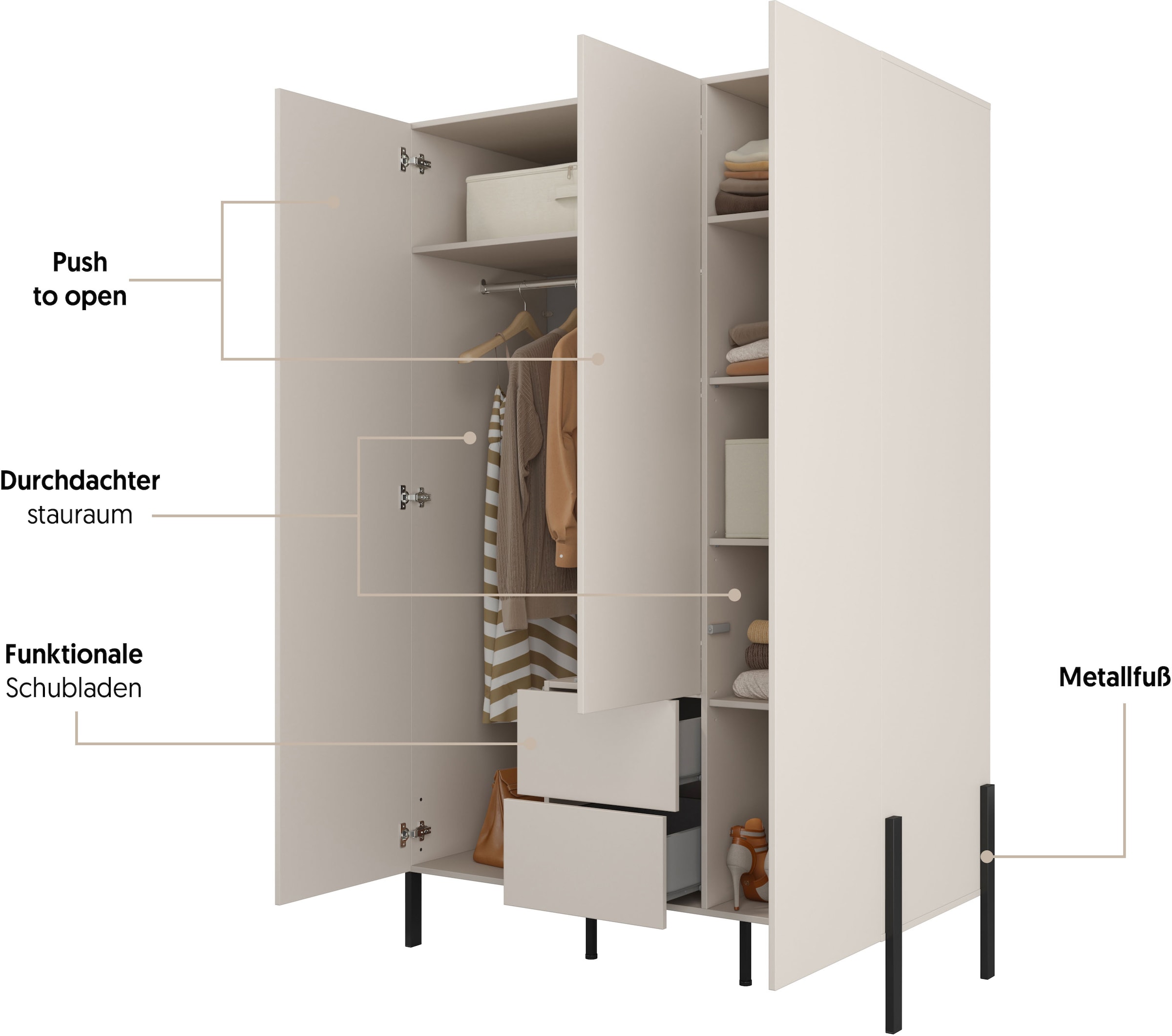 Home affaire Drehtürenschrank »Jukon, moderner Kleiderschrank mit Metallfüßen«, (B/H/T 3-Türer: ca. 135/210/60 4-Türer ca: 180/210/60), push to open Funktion, passend zur JUKON Serie, viel Stauraum