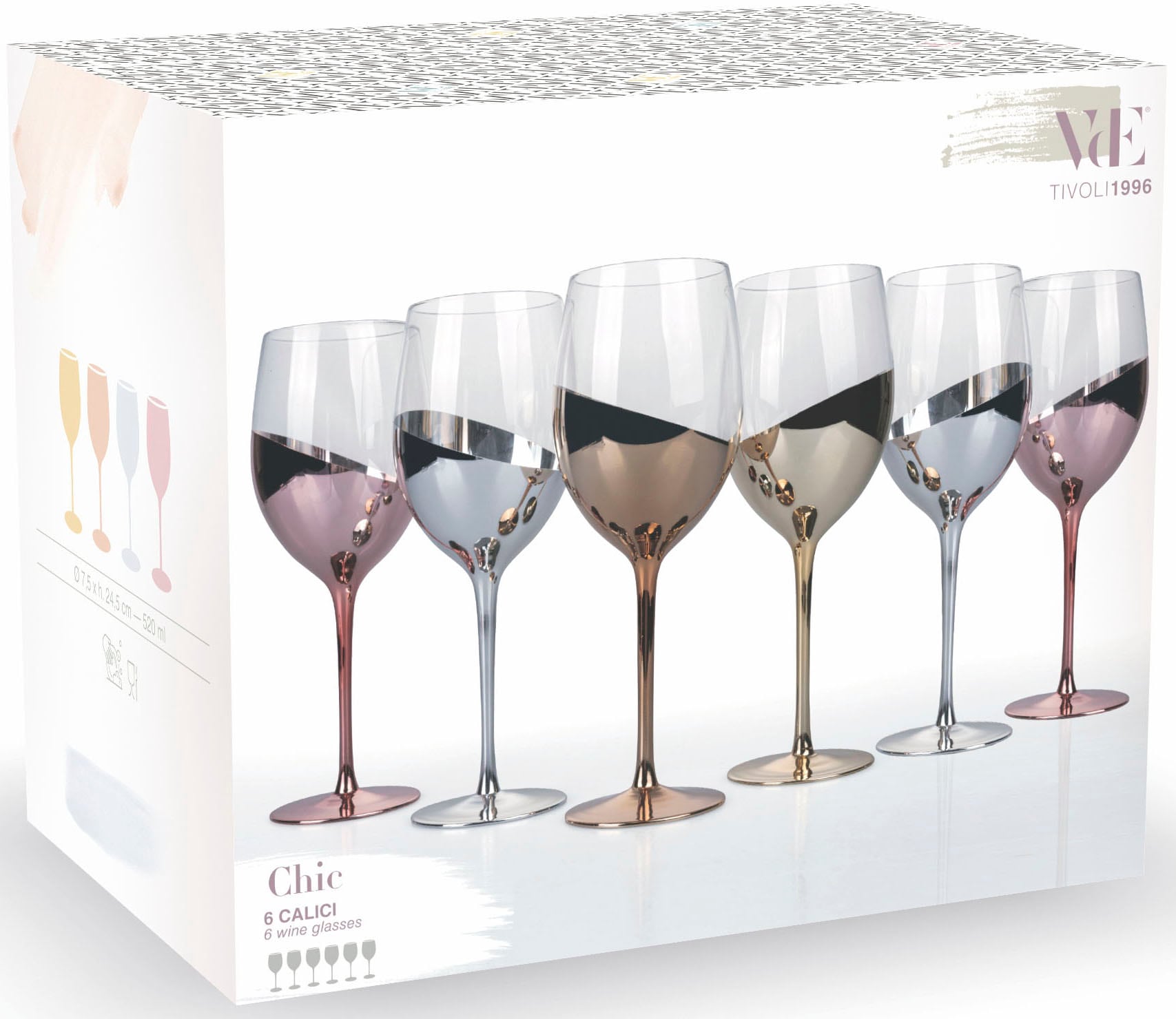 Villa d'Este Weinglas »Chic roségold«, (Set, 6 tlg.), Gläser-Set, 6-teilig, Inhalt 520 ml