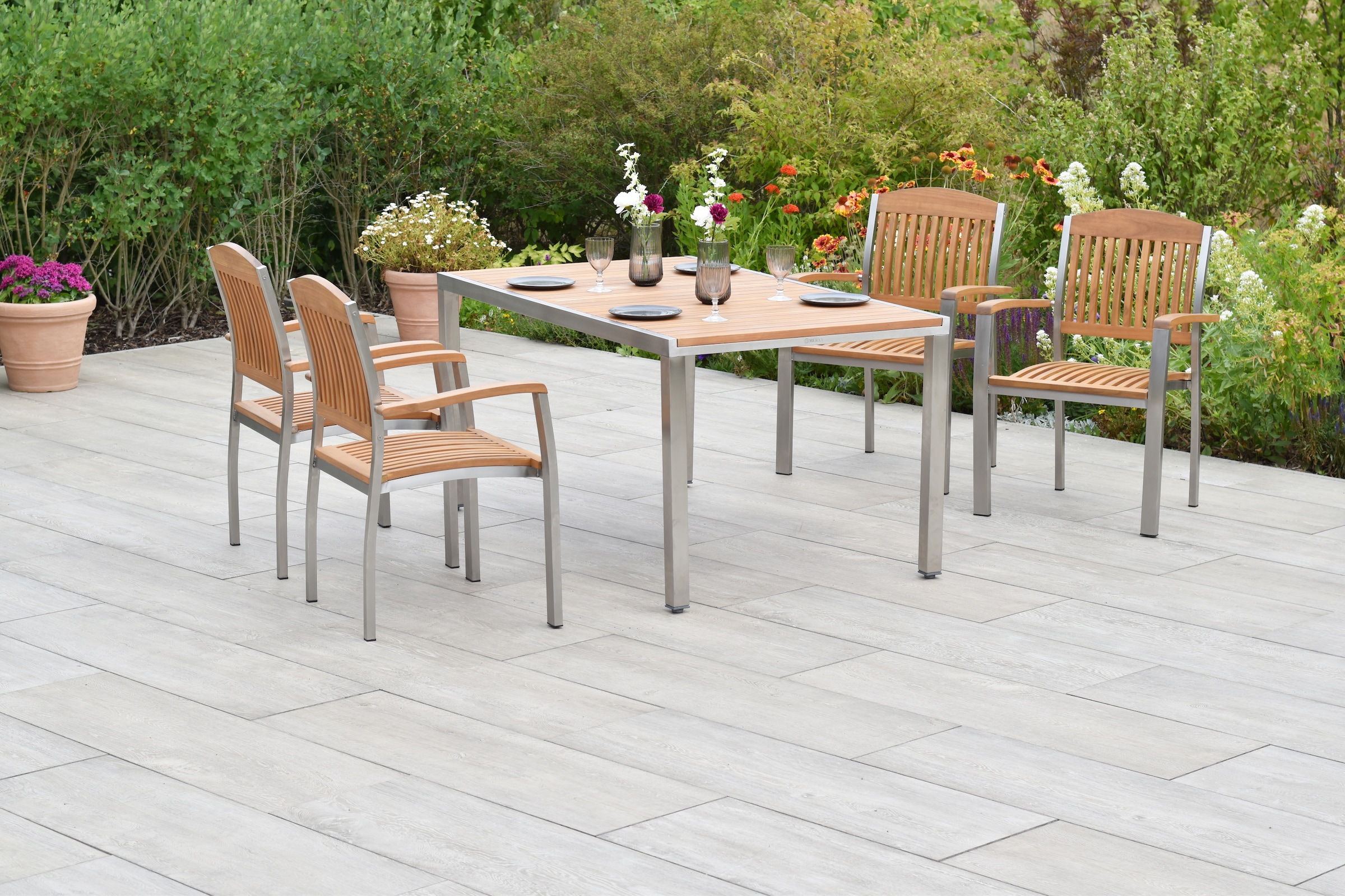 MERXX Garten-Essgruppe »»Keros«« Set, Geöltes Akazienholz, Edelstahlgestell günstig online kaufen