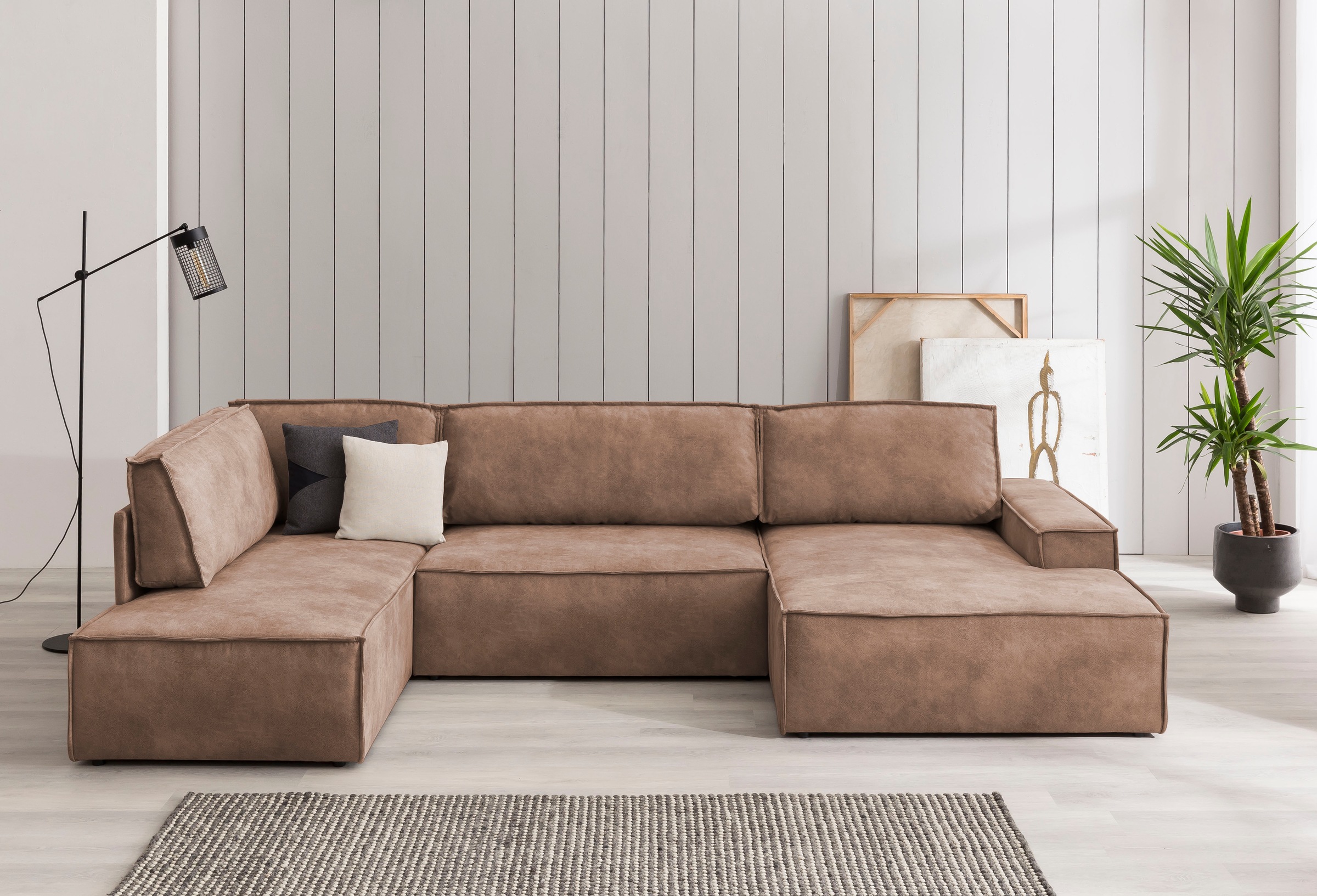 Home affaire Wohnlandschaft »SHERWOOD 329 cm, U-Form, Schlafsofa,«, Schlaffunktion m. Bettkasten (194x139 cm), Cord, Vintage, Samtvelours