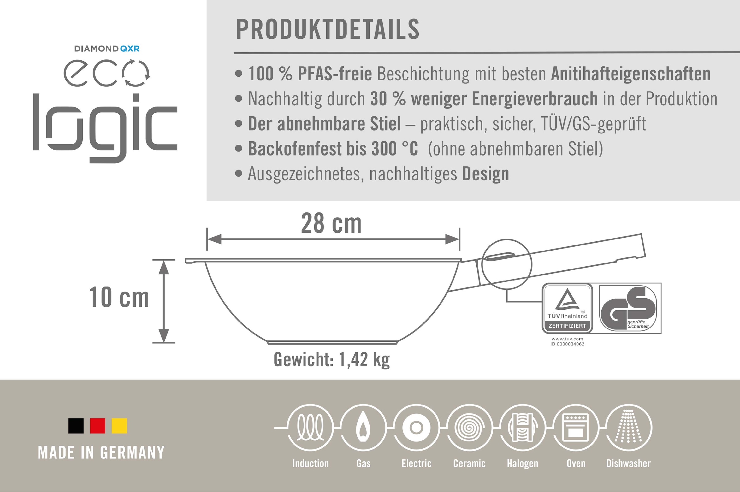 WOLL Wok »Eco Logic QXR Guss-Wok- und Rührpfanne«, Aluminiumguss, (1 tlg.), PFAS-freie Diamond-QXR - Beschichtung