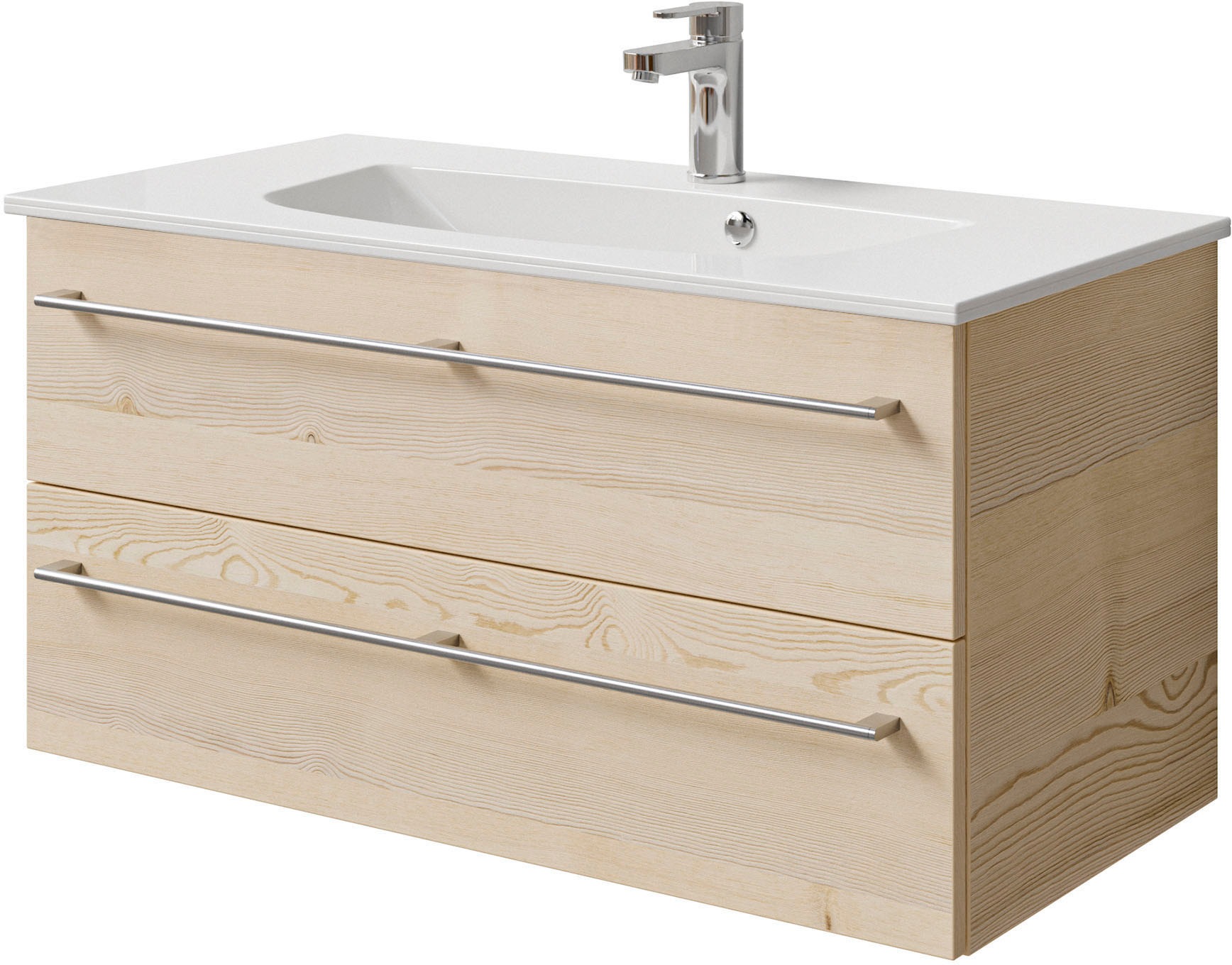 Saphir Badmöbel-Set »Serie 6025 2-teilig Mineralmarmor-Waschtisch mit LED-Spiegelschrank«, (2 St.), Waschplatz 97 cm breit, 2 Schubladen, 3 Spiegel-Türen, inkl Türdämpfer