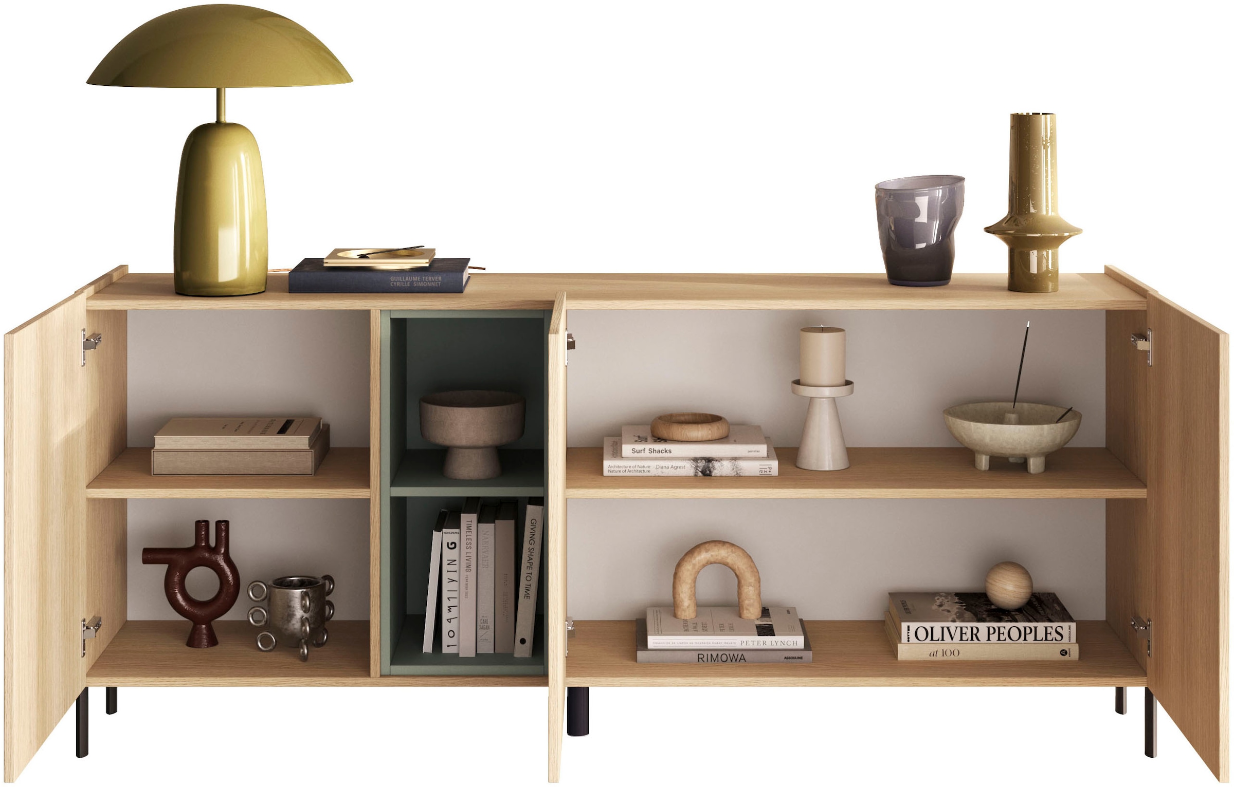 OTTO home Sideboard »Badia, 182 cm breit, 3 Türen, Anrichte, Kommode, Stauraumschrank« Innenliegendes Top, gerade Metallfüße, salbeigrüne Farbakzente