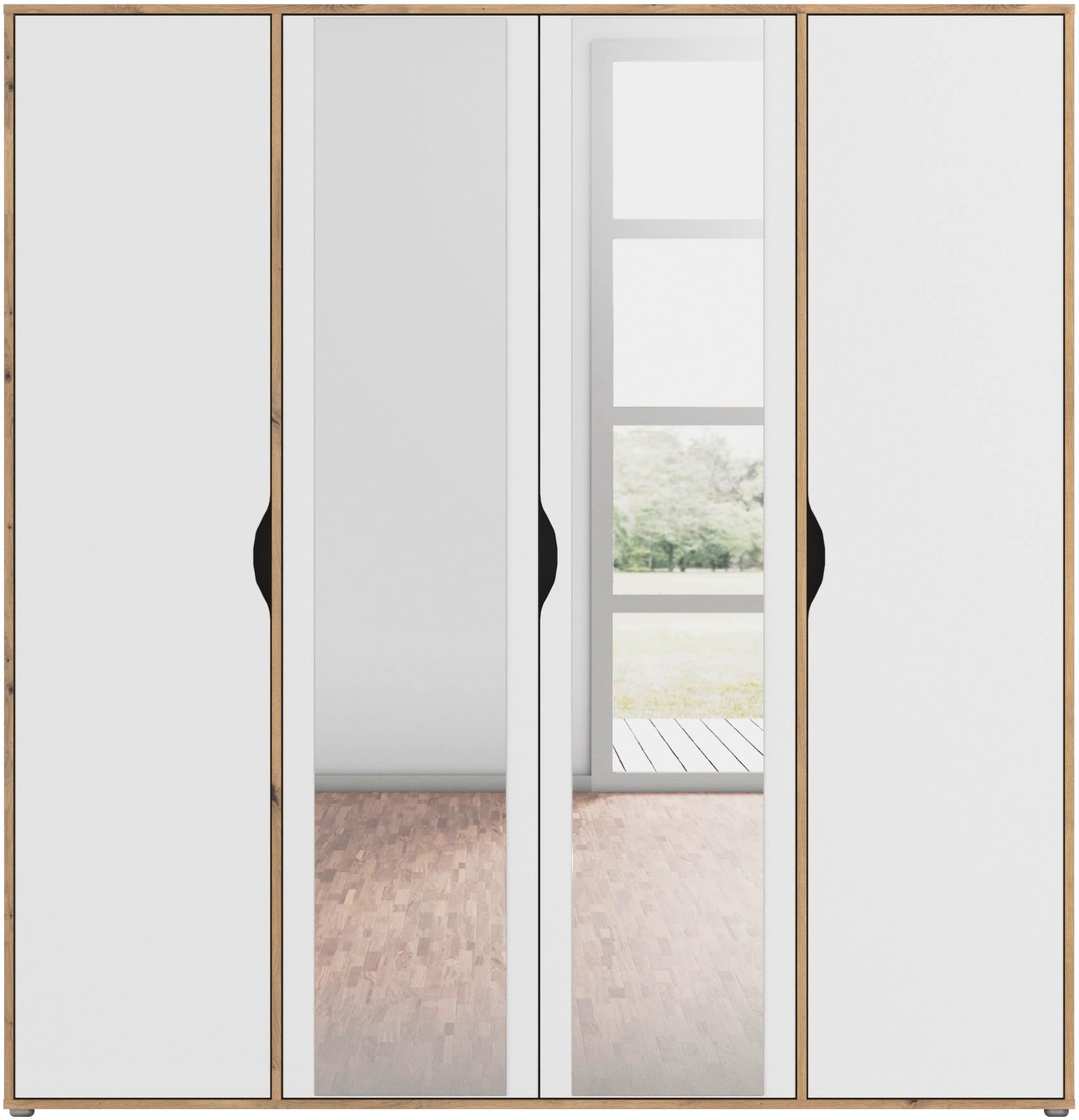 rauch Drehtürenschrank »Kleiderschrank Schrank Garderobe Wäscheschrank NARAI mit Spiegel«, (in 3 verschiedenen Ausstattungen BASIC/CLASSIC/PREMIUM), Griffausfräsungen für eine grifflose Optik TOPSELLER MADE IN GERMANY
