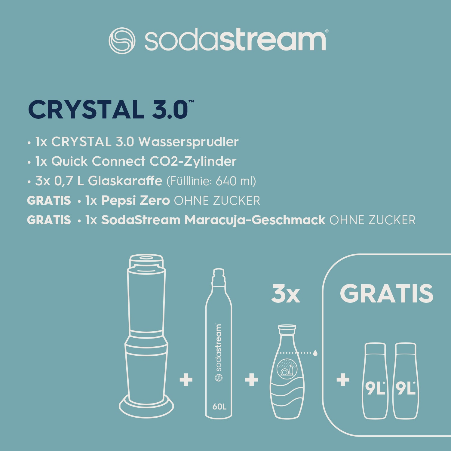 SodaStream Wassersprudler »SodaStream CRYSTAL 3.0 mit 3 Glaskaraffen, 1 CO2-Zylinder und 2 Sirups«, (Sirups: 1x Pepsi Zero Zucker, 1x Maracuja ohne Zucker), mit Quick-Connect-System